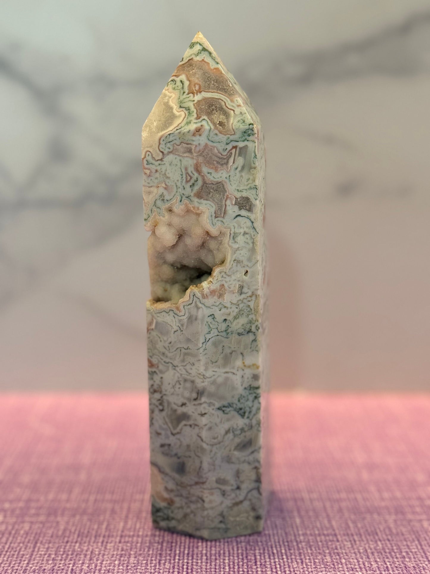 XL Druzy Pink Moss Agate Tower