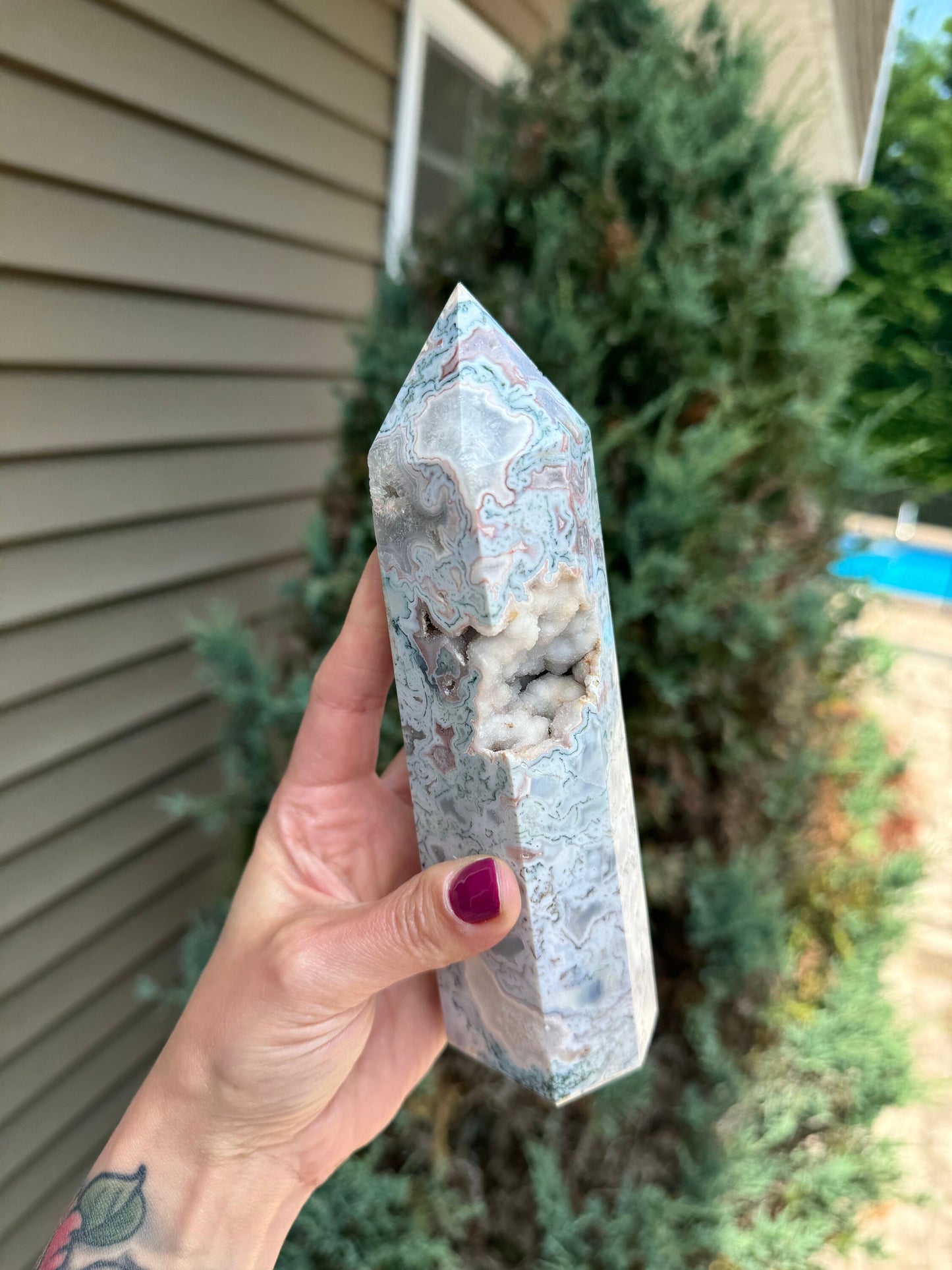 XL Druzy Pink Moss Agate Tower