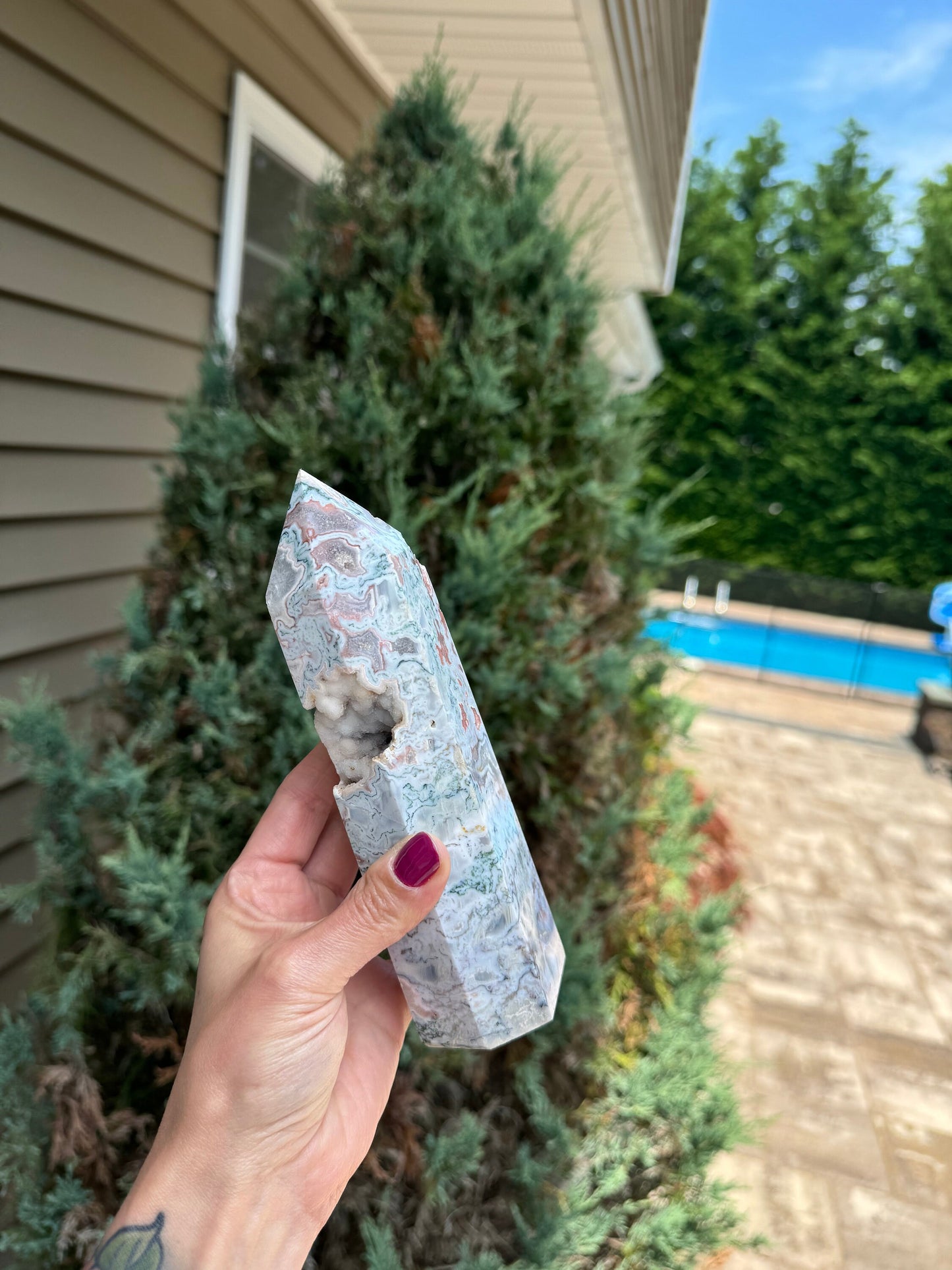 XL Druzy Pink Moss Agate Tower