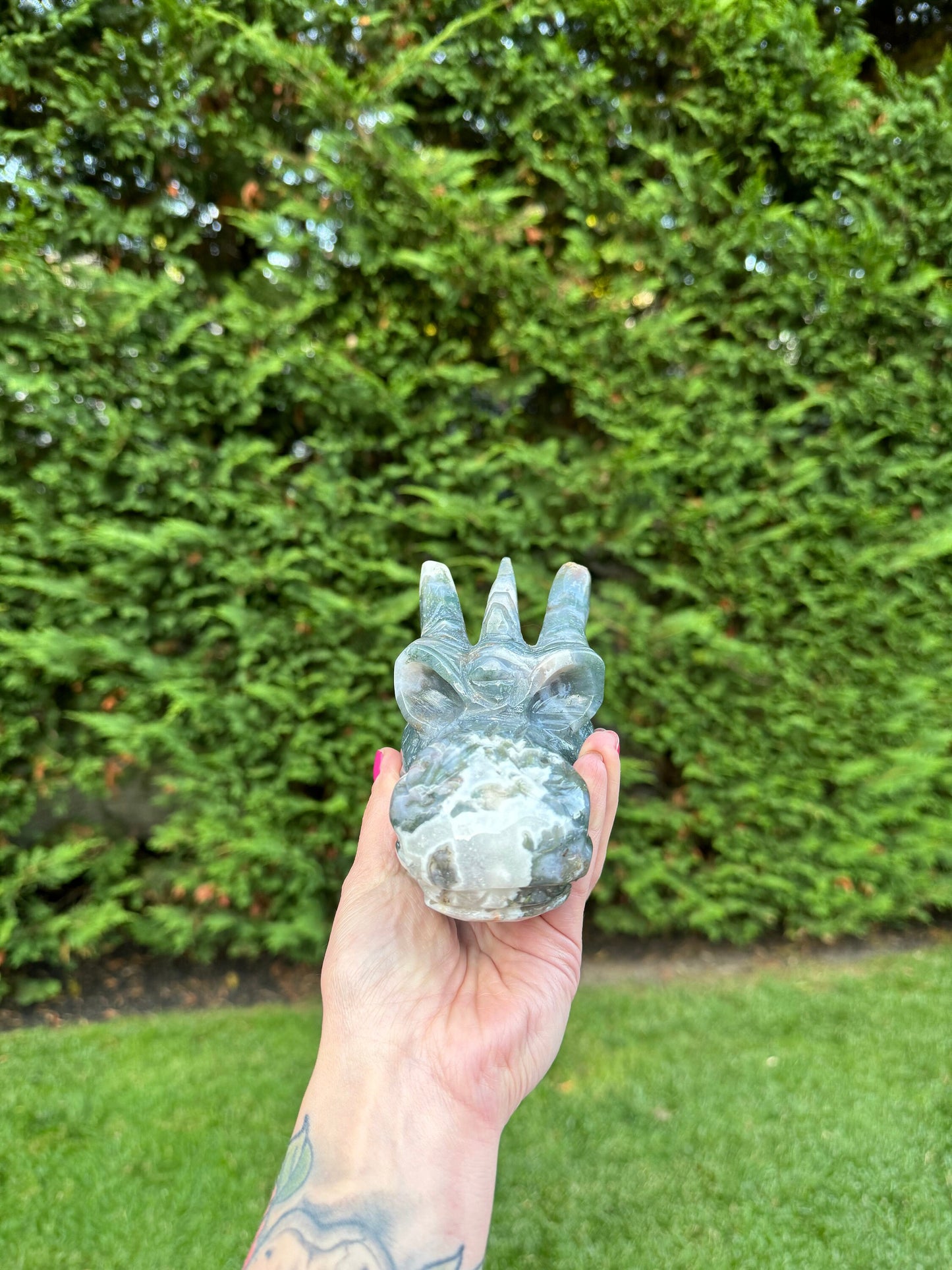 XL Moss Agate Dragon Head Carving (5.3")