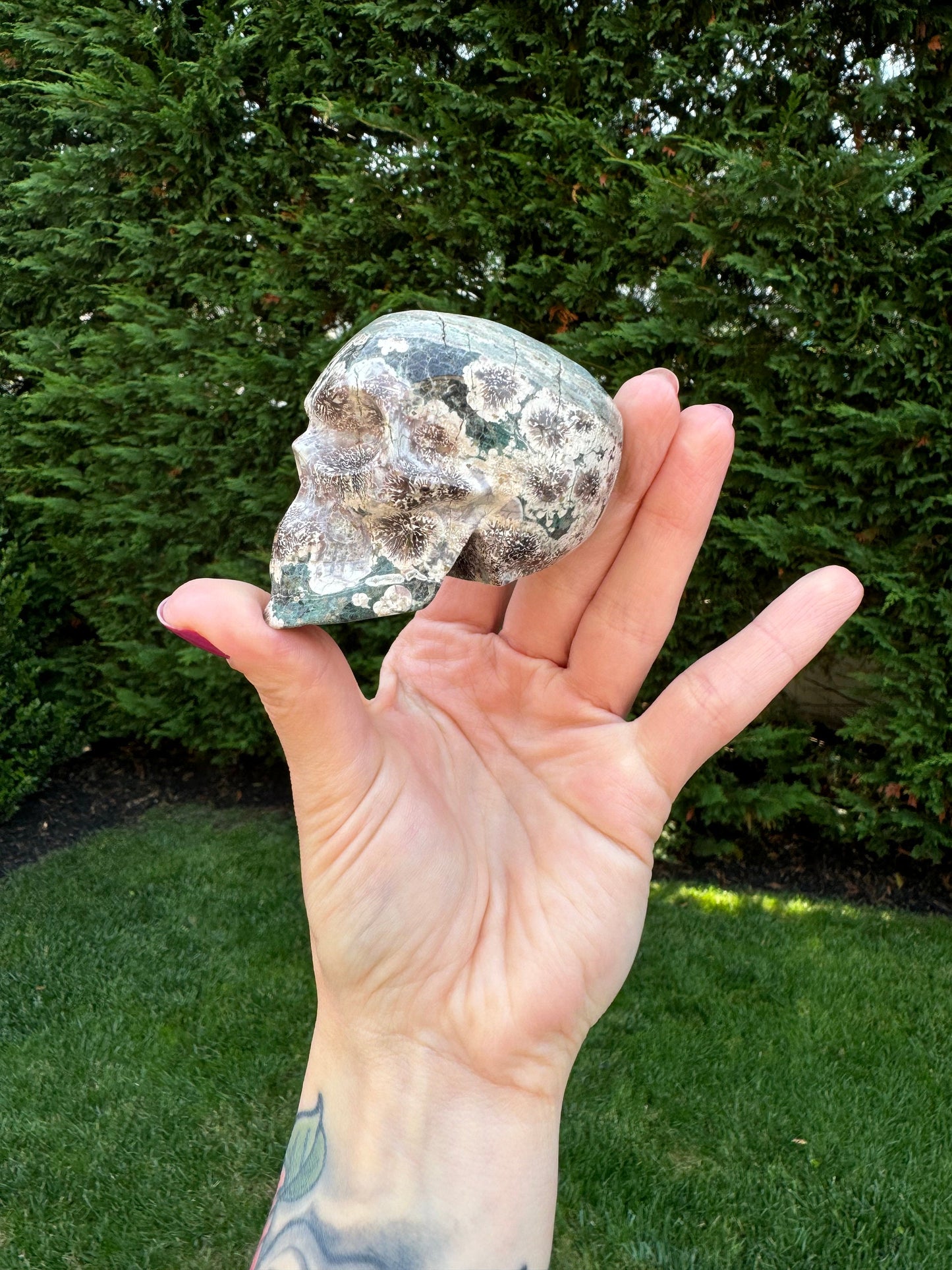 Green Sakura Jasper Skull Carving