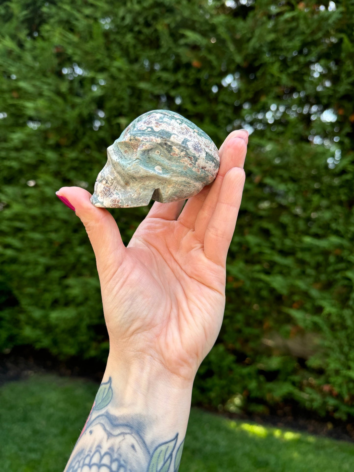 Green Sakura Jasper Skull Carving (2.87")