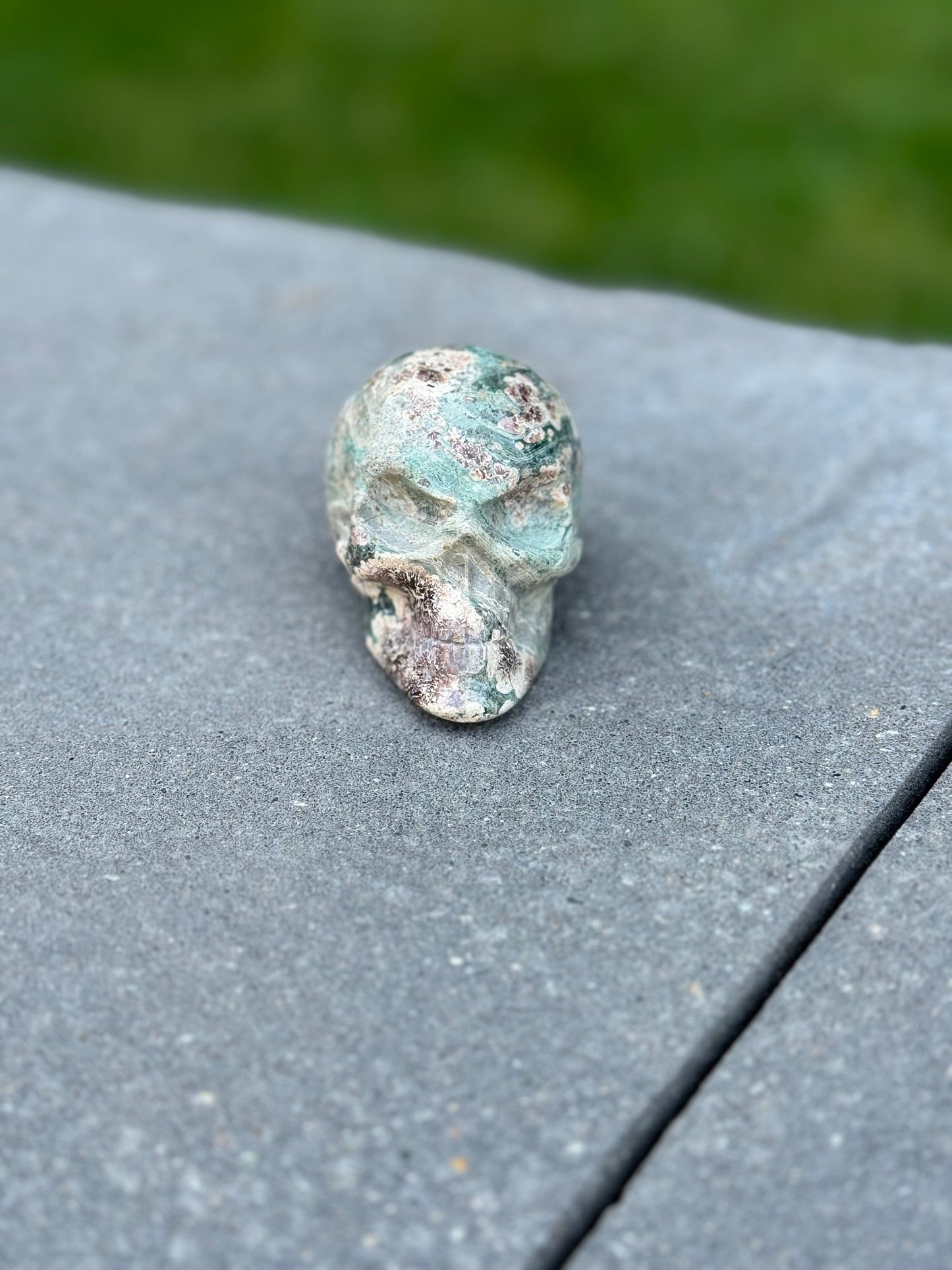 Green Sakura Jasper Skull Carving (2.87")