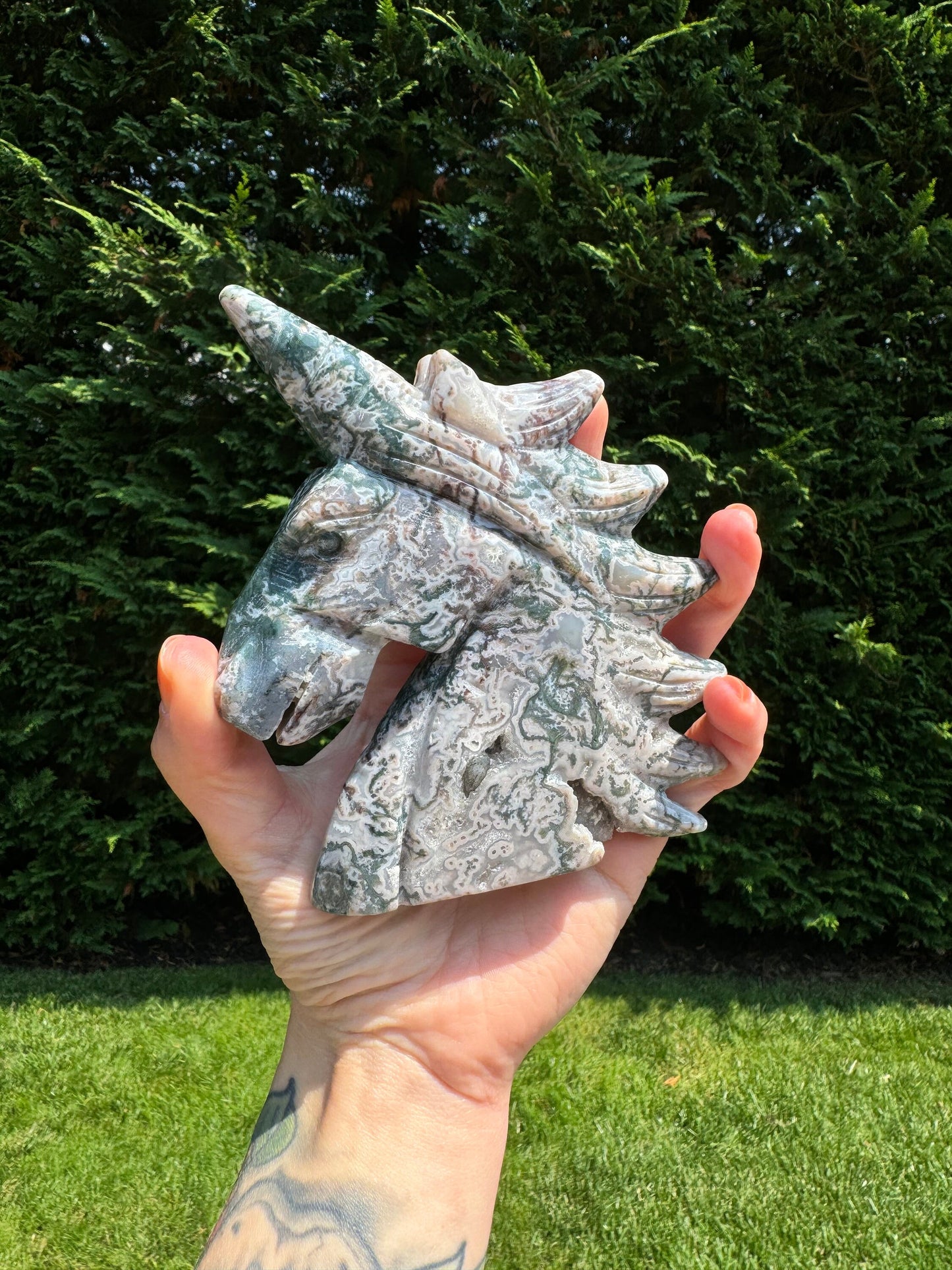 Pink Moss Agate Druzy Unicorn Carving