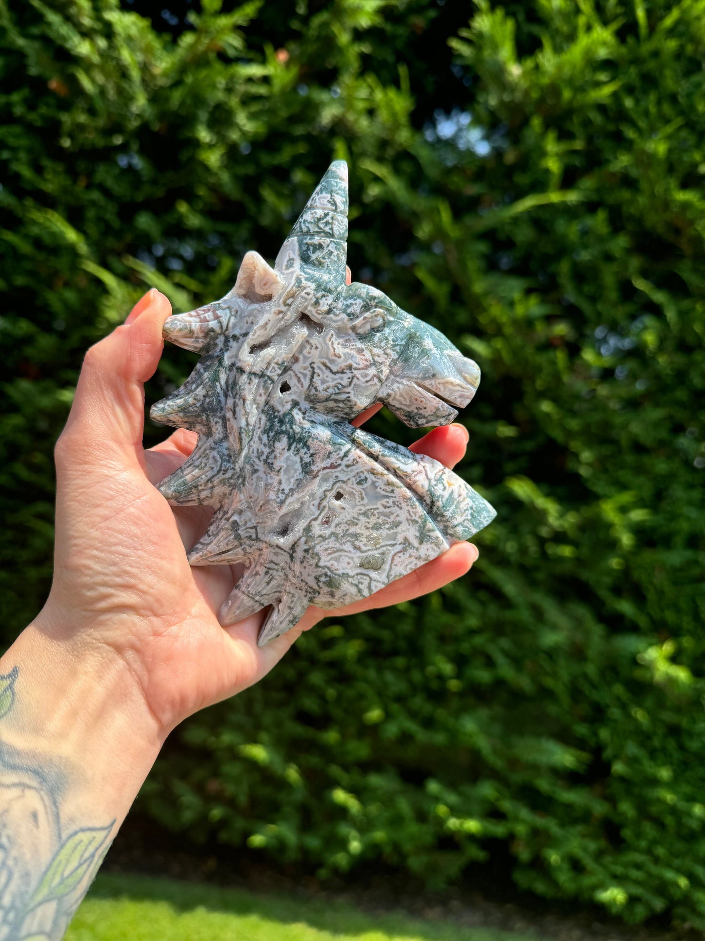 Pink Moss Agate Druzy Unicorn Carving