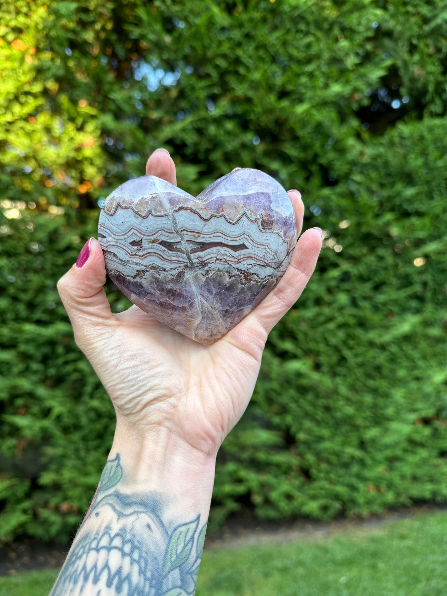 Amethyst & Crazy Lace Agate Heart Carving (stand included)