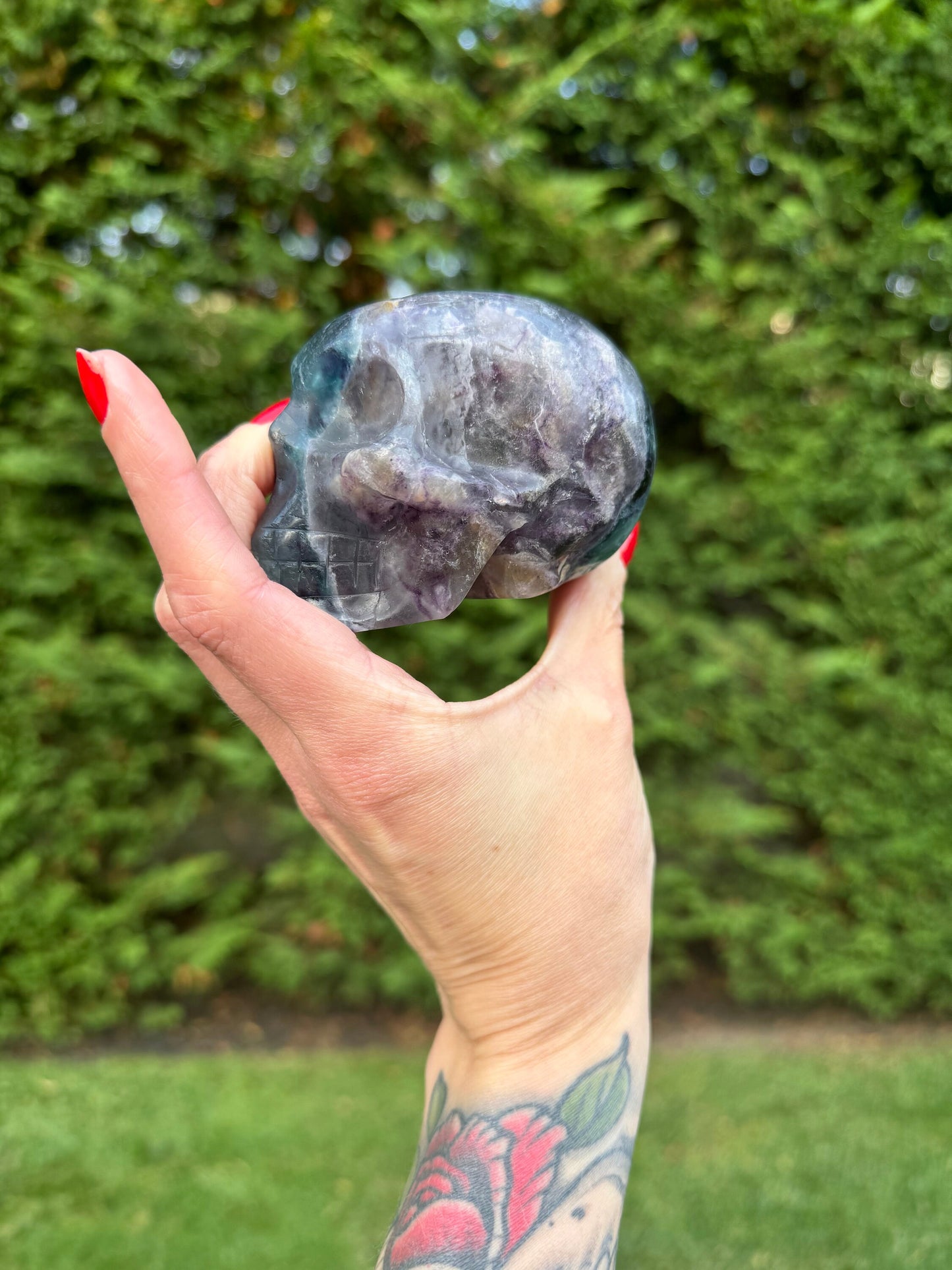 Green & Purple Fluorite Skull Carving (3.5")