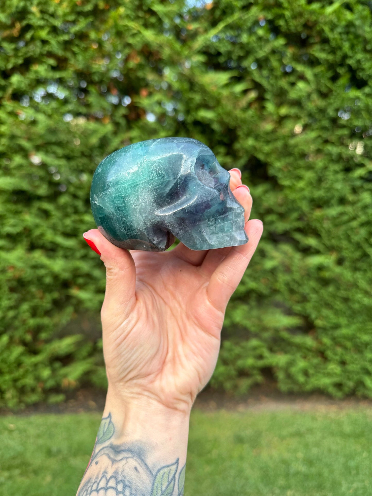 Green & Purple Fluorite Skull Carving (3.5")