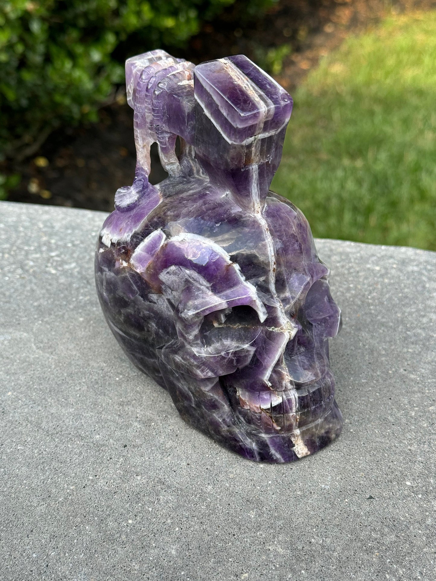 Chevron Amethyst Skull & Axe Carving (4.5")