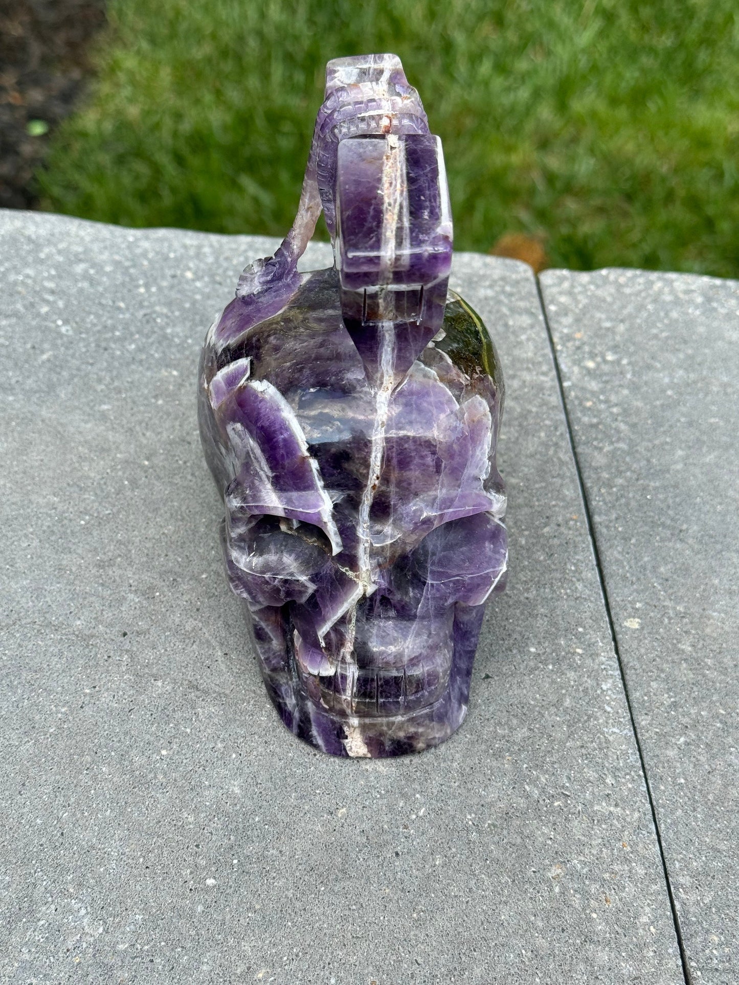 Chevron Amethyst Skull & Axe Carving (4.5")