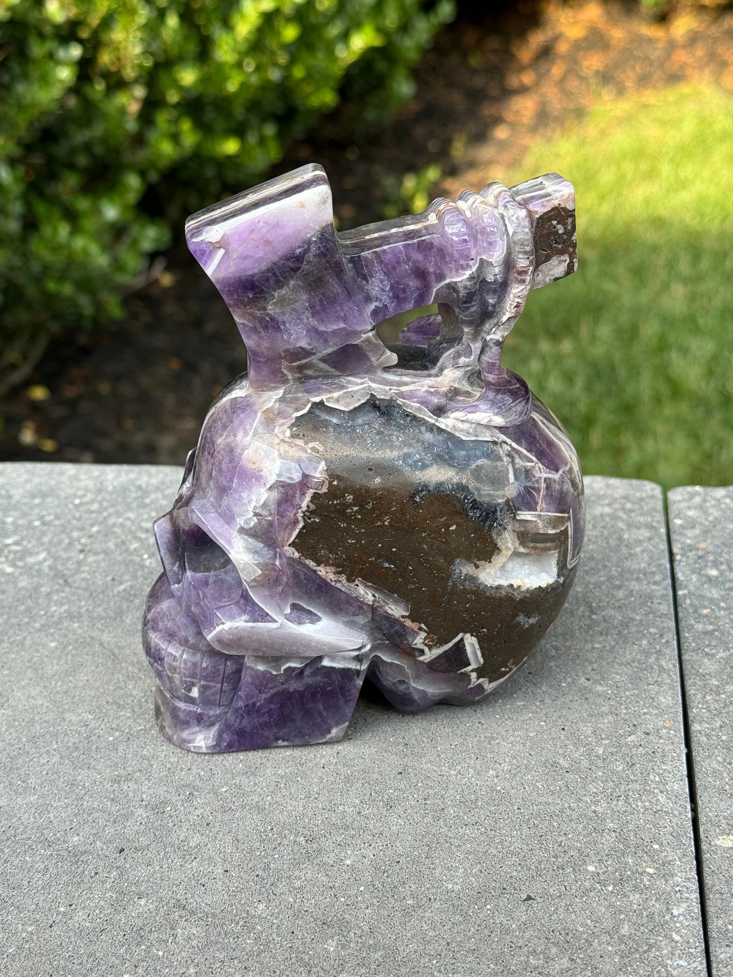 Chevron Amethyst Skull & Axe Carving (4.5")