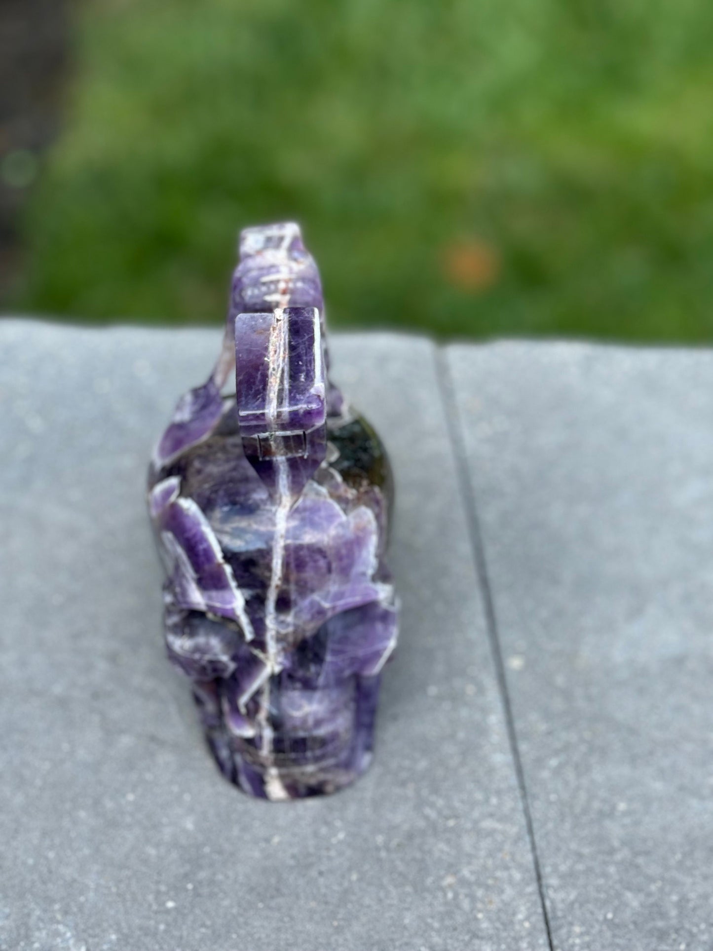 Chevron Amethyst Skull & Axe Carving (4.5")