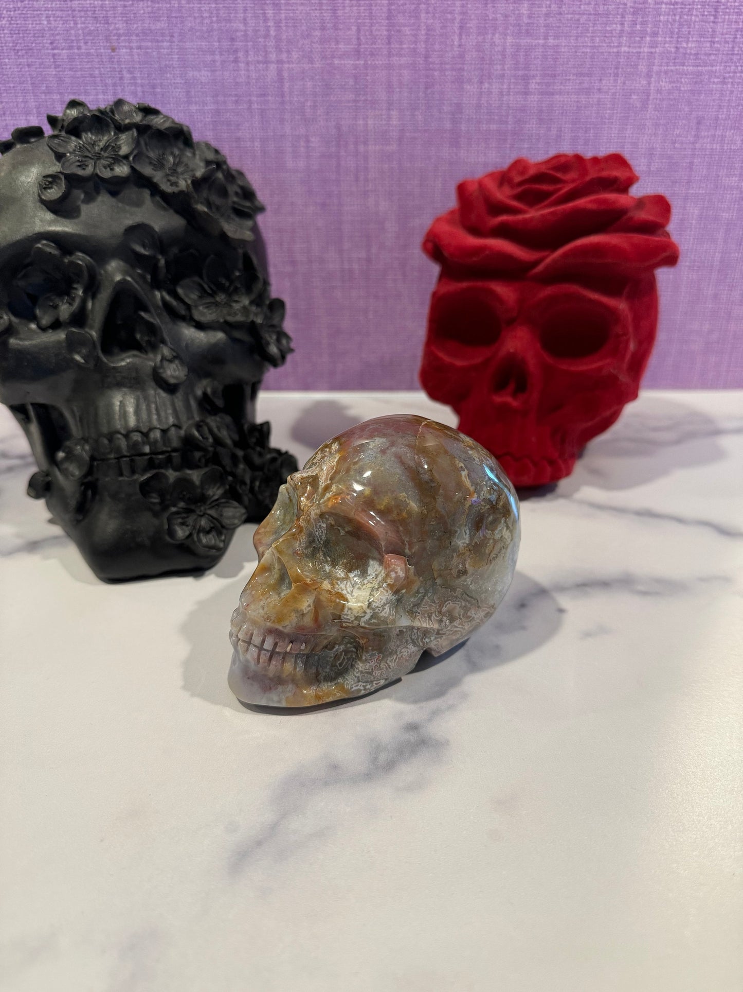 Druzy Ocean Jasper Skull Carving (4")