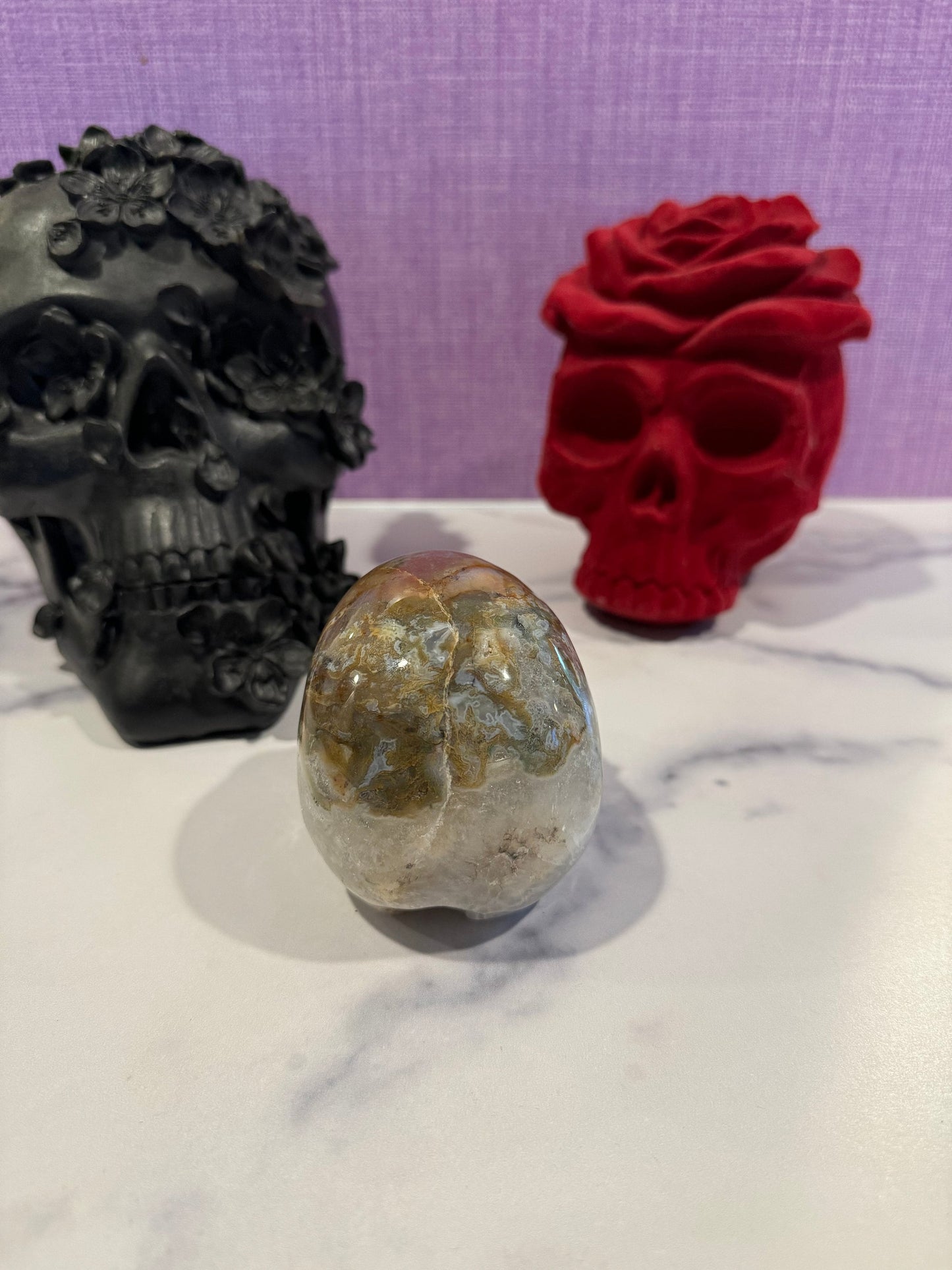 Druzy Ocean Jasper Skull Carving (4")