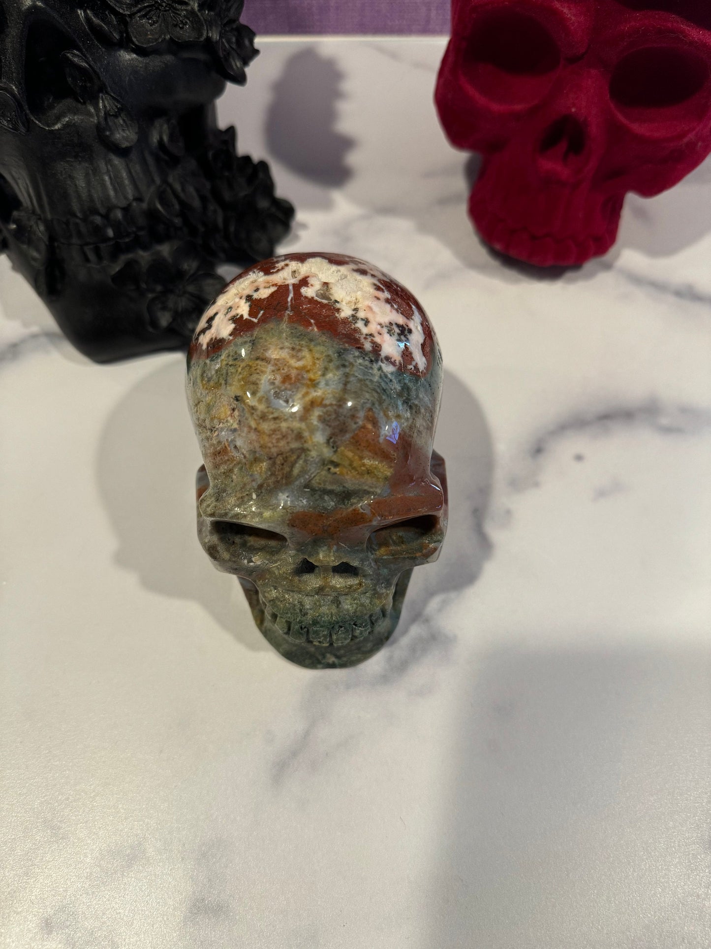 Druzy Ocean Jasper Skull Carving (4.33")