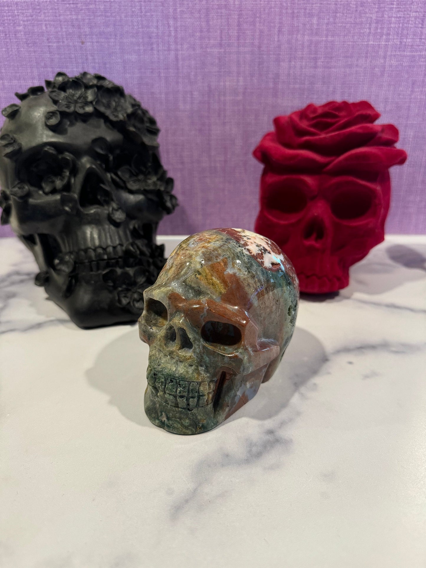 Druzy Ocean Jasper Skull Carving (4.33")