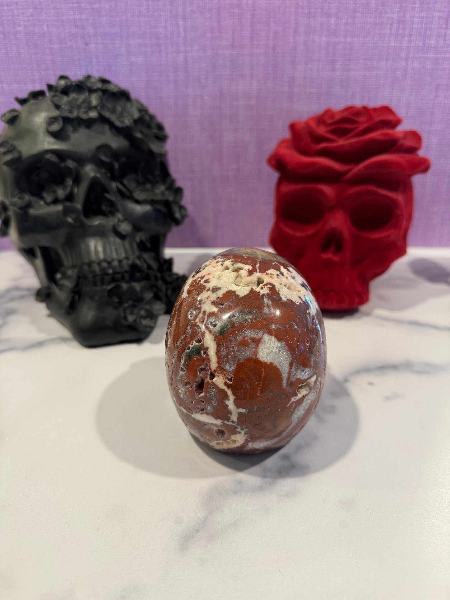 Druzy Ocean Jasper Skull Carving (4.33")