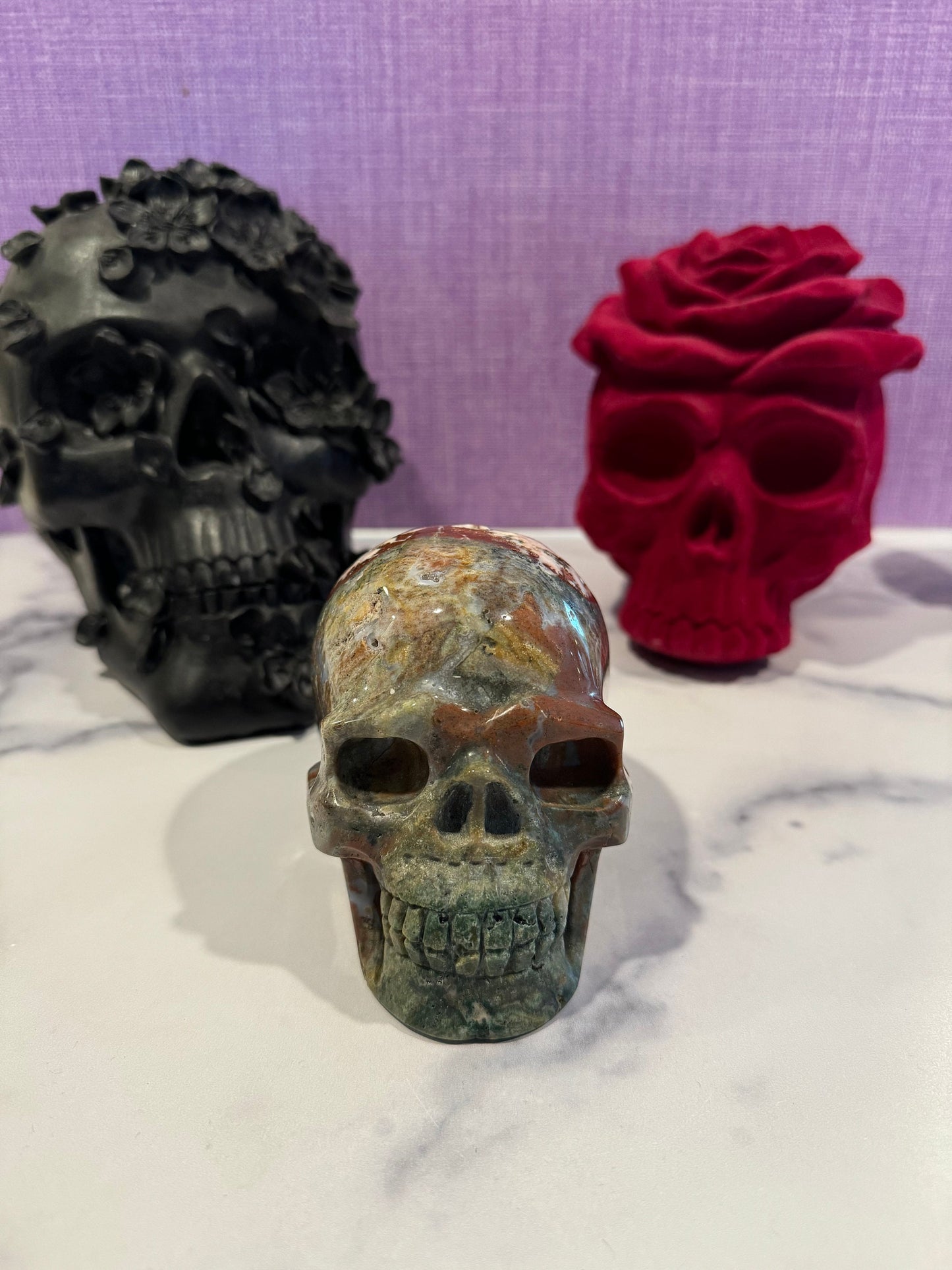 Druzy Ocean Jasper Skull Carving (4.33")