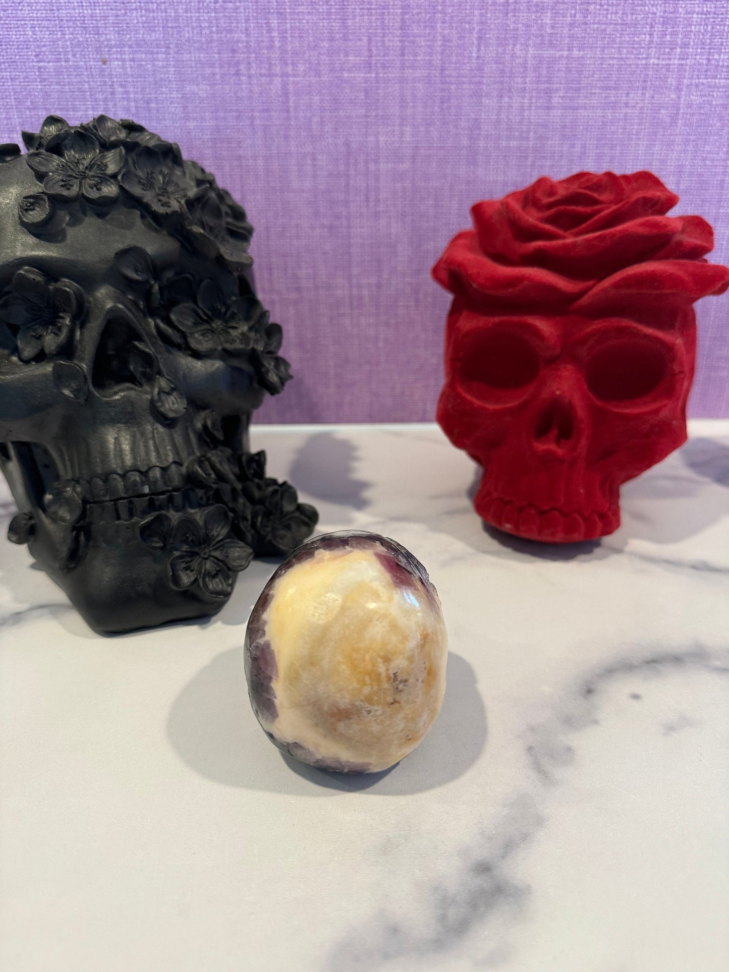 Purple Sphalerite & Orange Calcite Skull Carving (3")