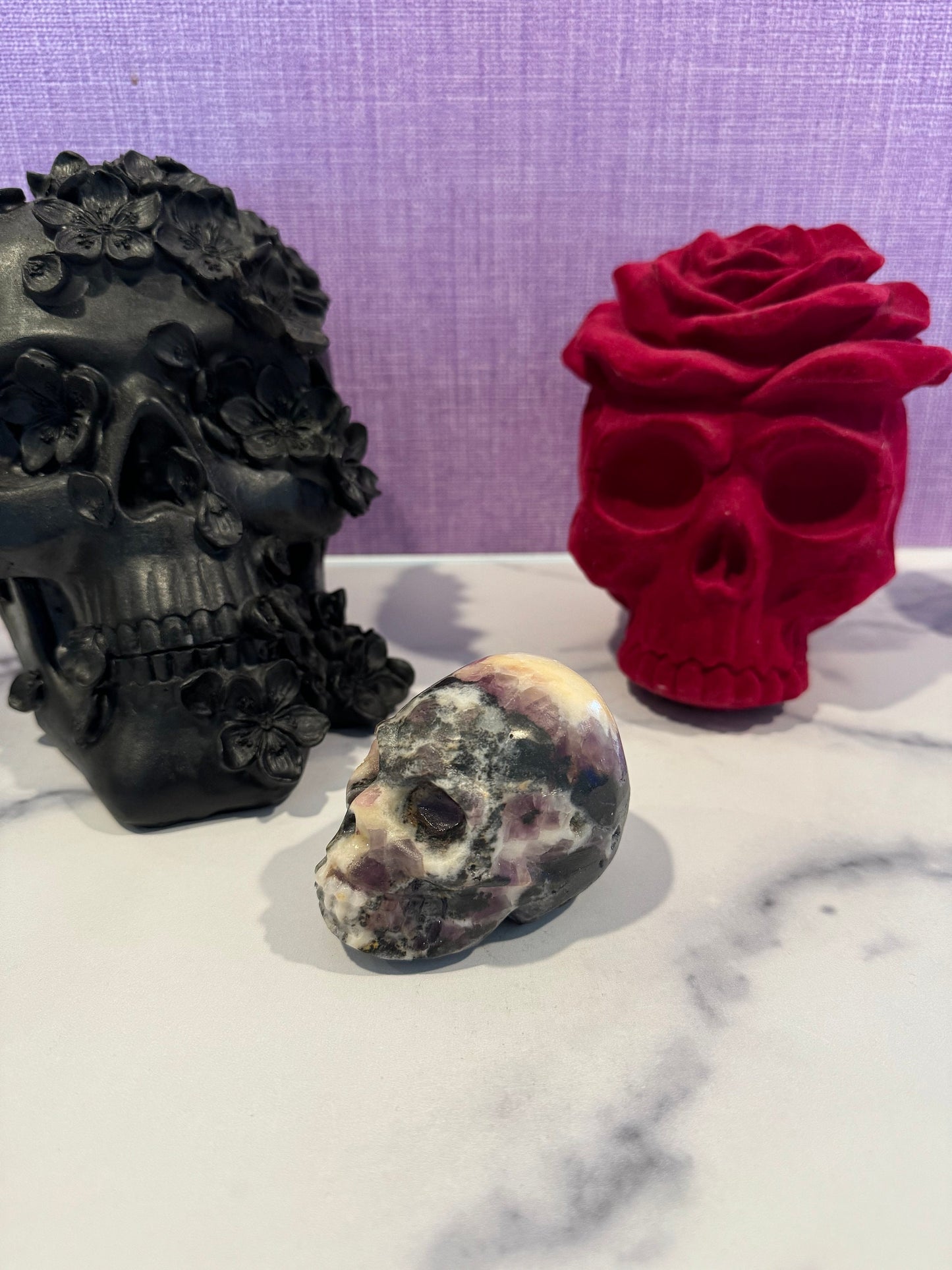 Purple Sphalerite & Orange Calcite Skull Carving (3")