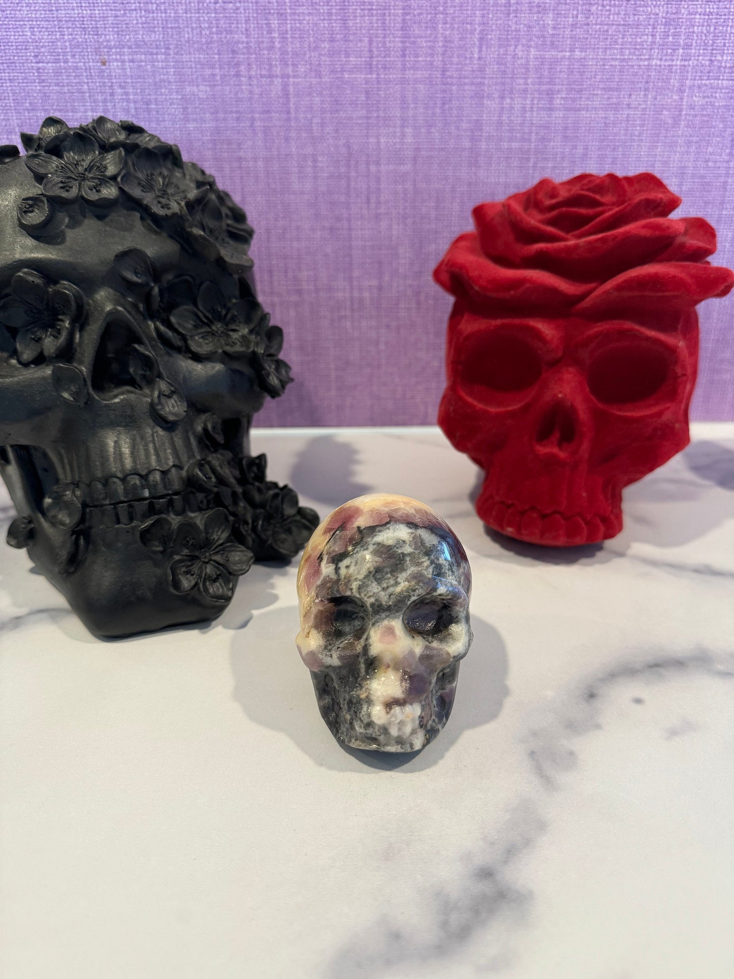 Purple Sphalerite & Orange Calcite Skull Carving (3")