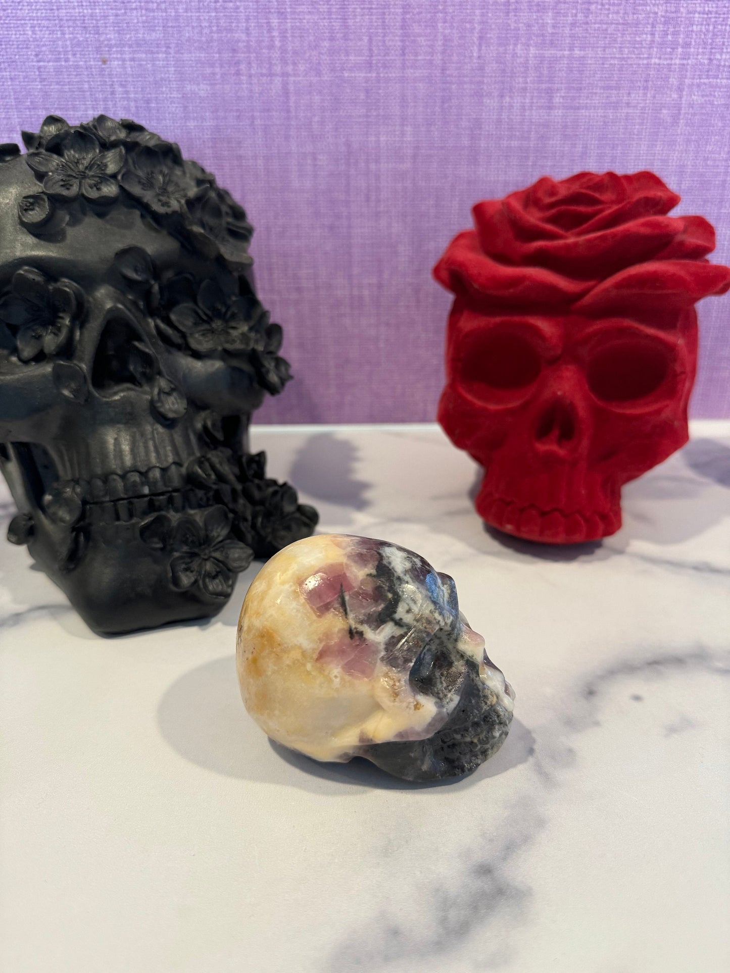 Purple Sphalerite & Orange Calcite Skull Carving (3")