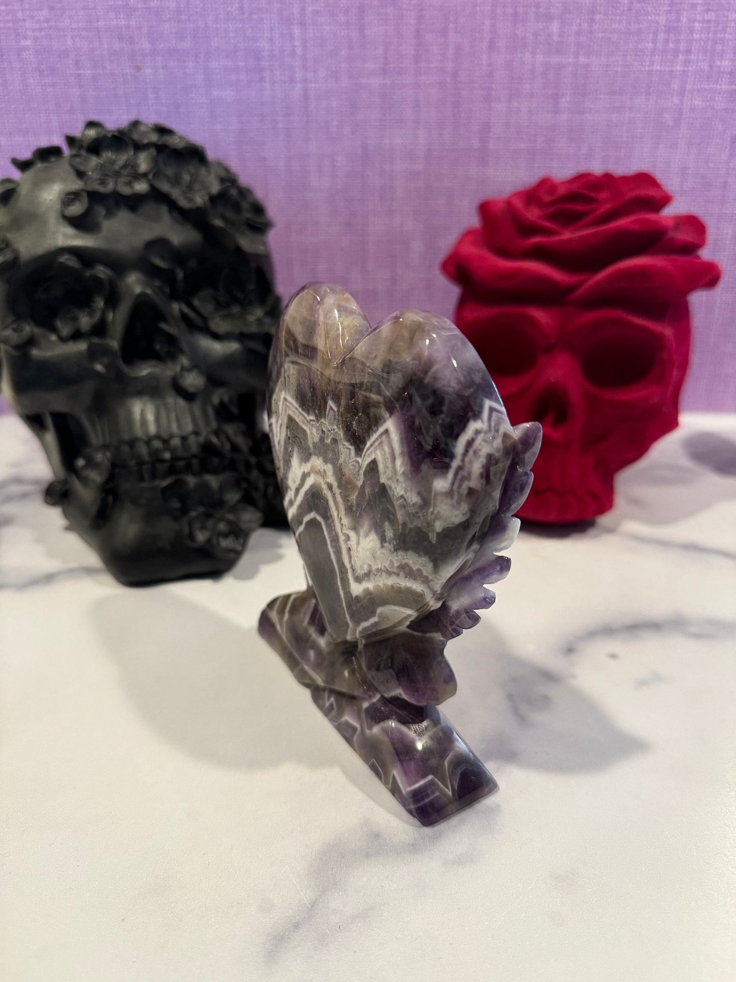 Chevron Amethyst Heart & Swan Carving