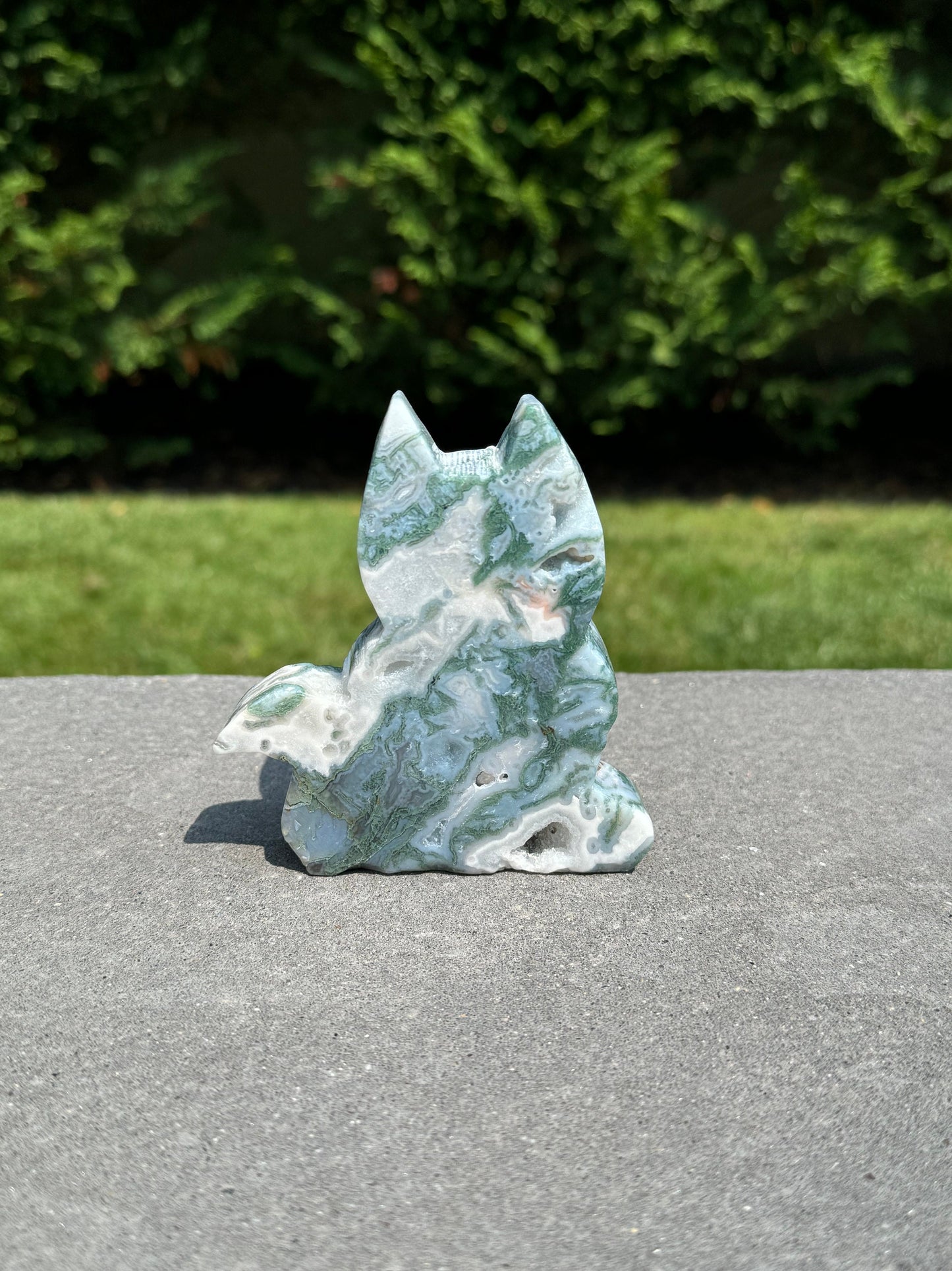 Druzy Pink Moss Agate Cat Carving