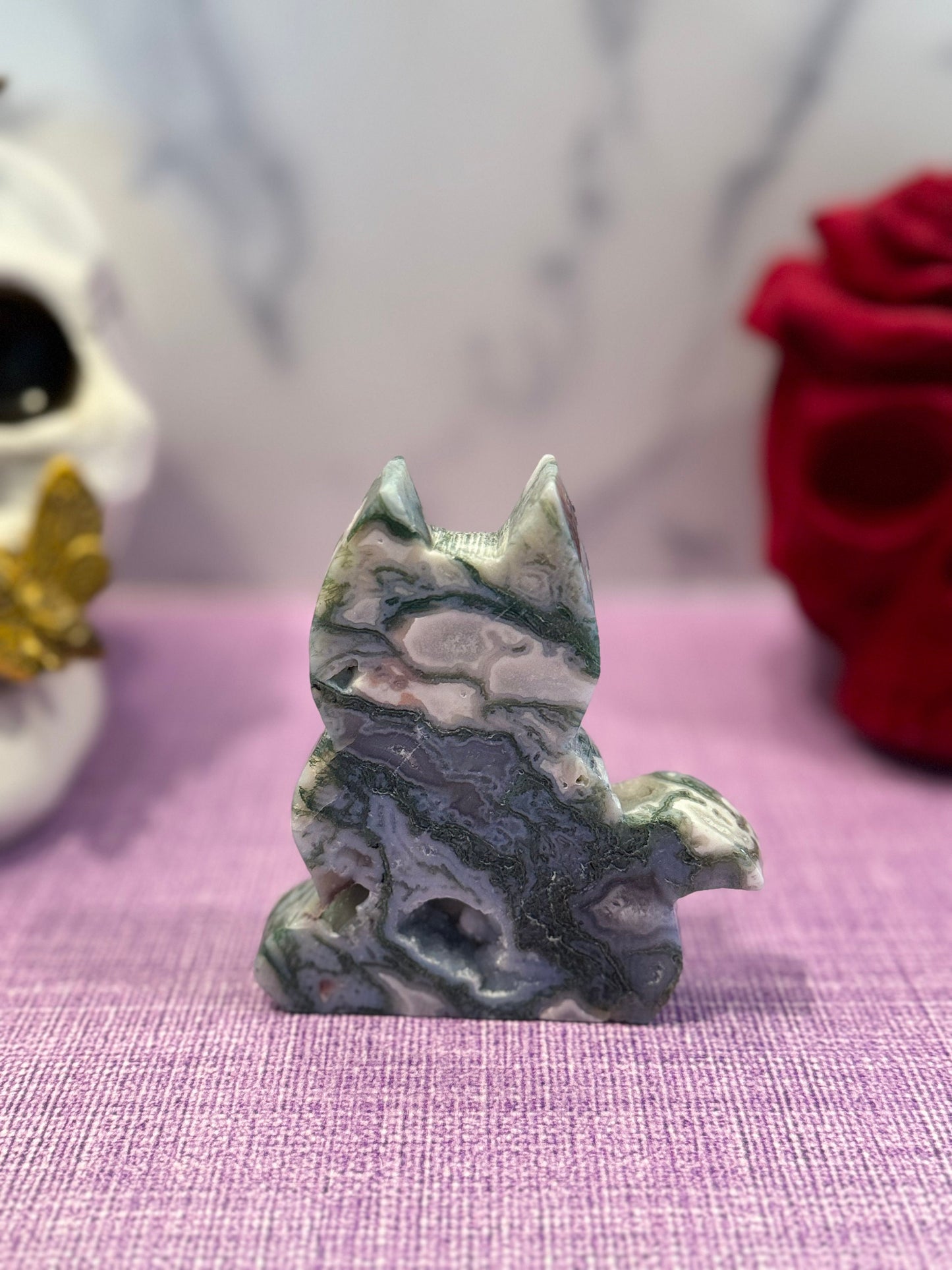 Druzy Pink Moss Agate Cat Carving