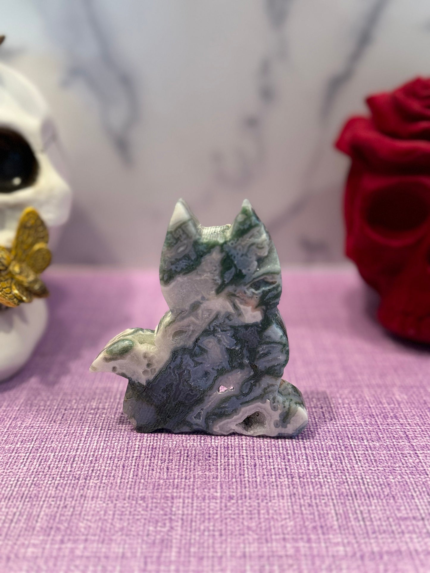 Druzy Pink Moss Agate Cat Carving