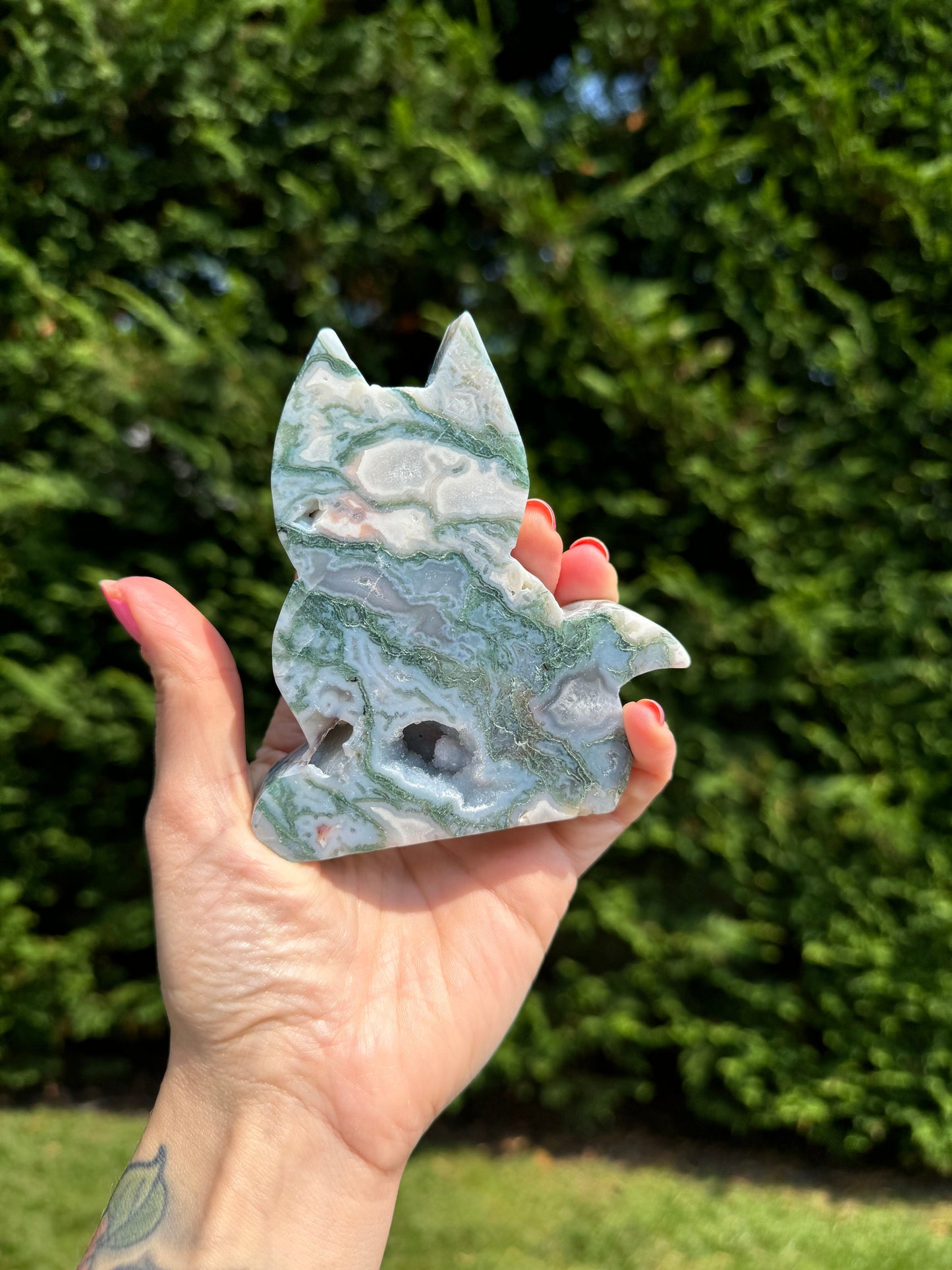 Druzy Pink Moss Agate Cat Carving