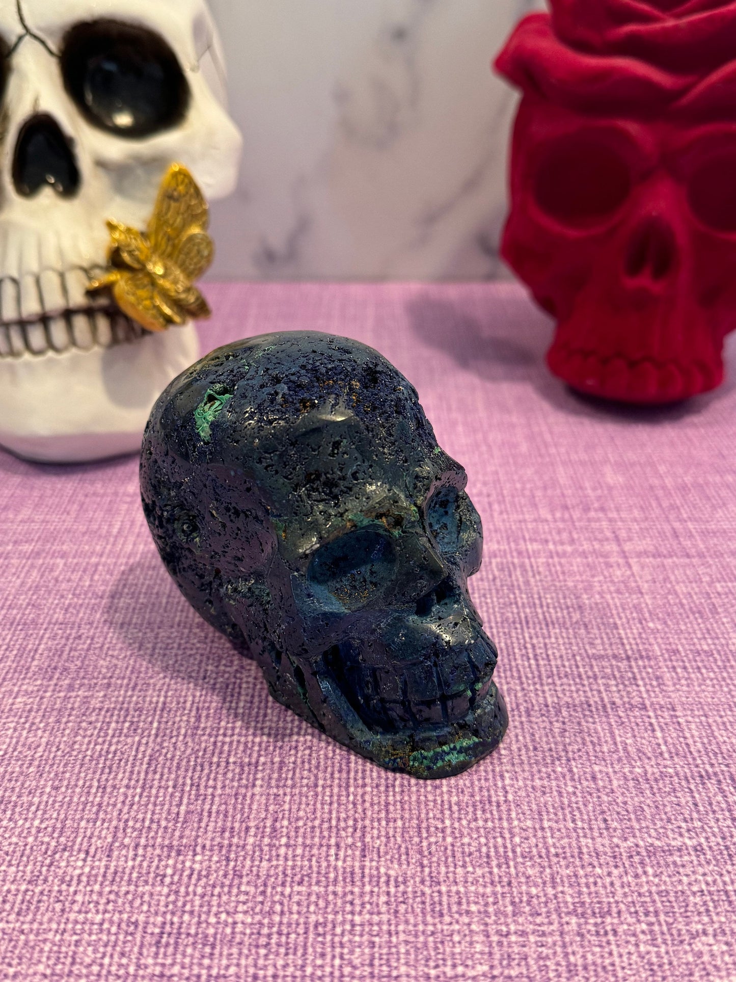 Druzy Azurite & Chrysocolla Skull Carving (3.8")