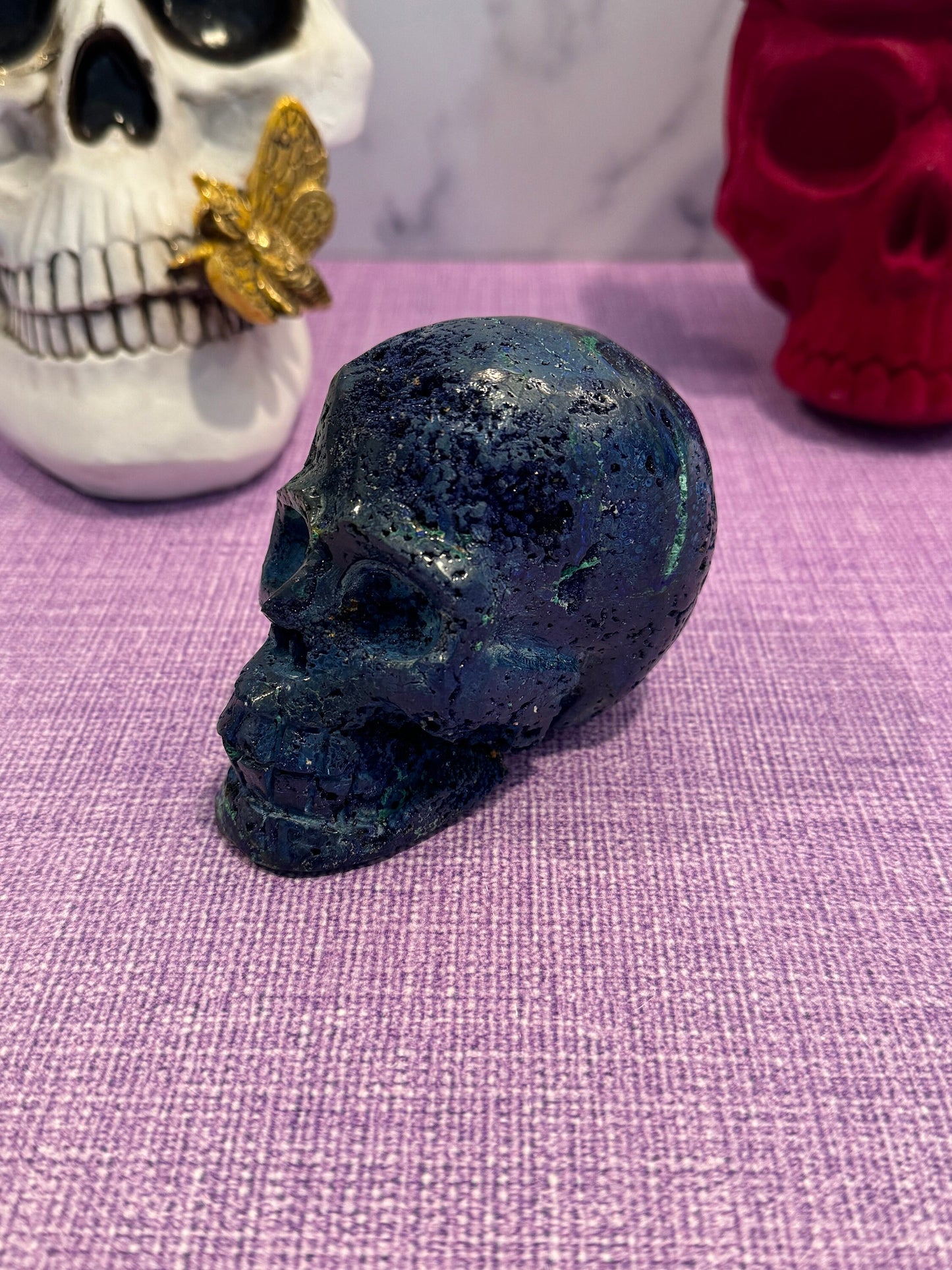 Druzy Azurite & Chrysocolla Skull Carving (3.8")