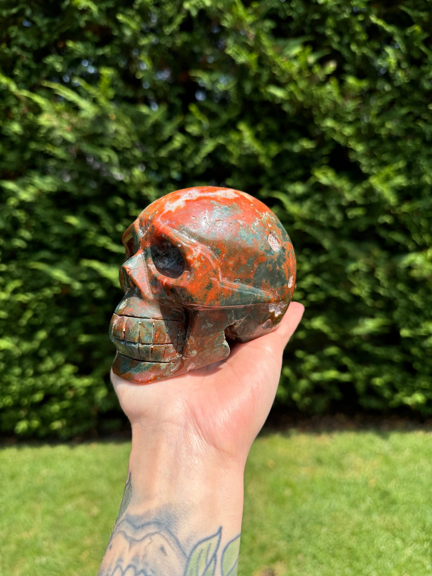 XL Druzy Ocean Jasper Skull Carving (4.6")