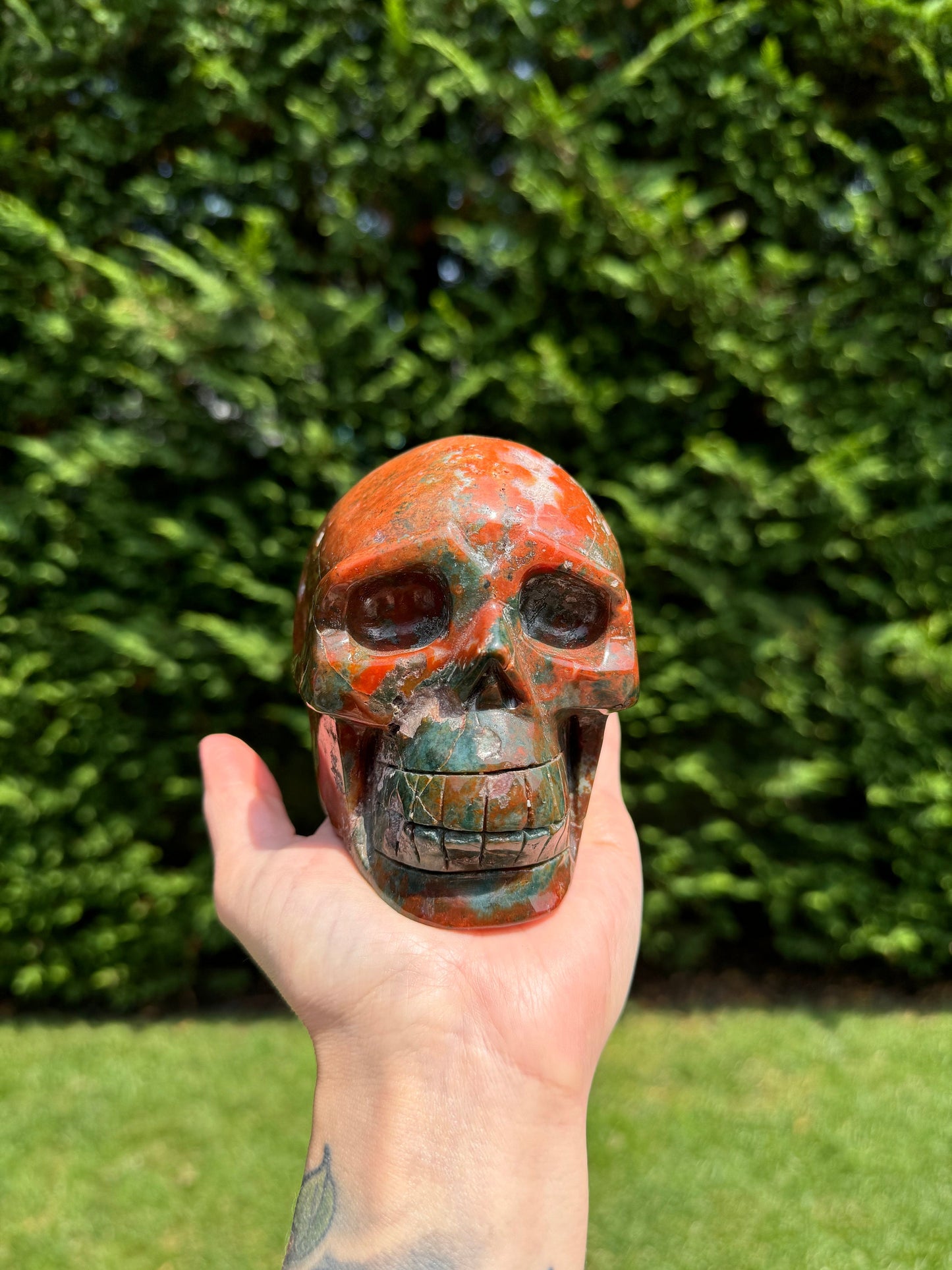 XL Druzy Ocean Jasper Skull Carving (4.6")