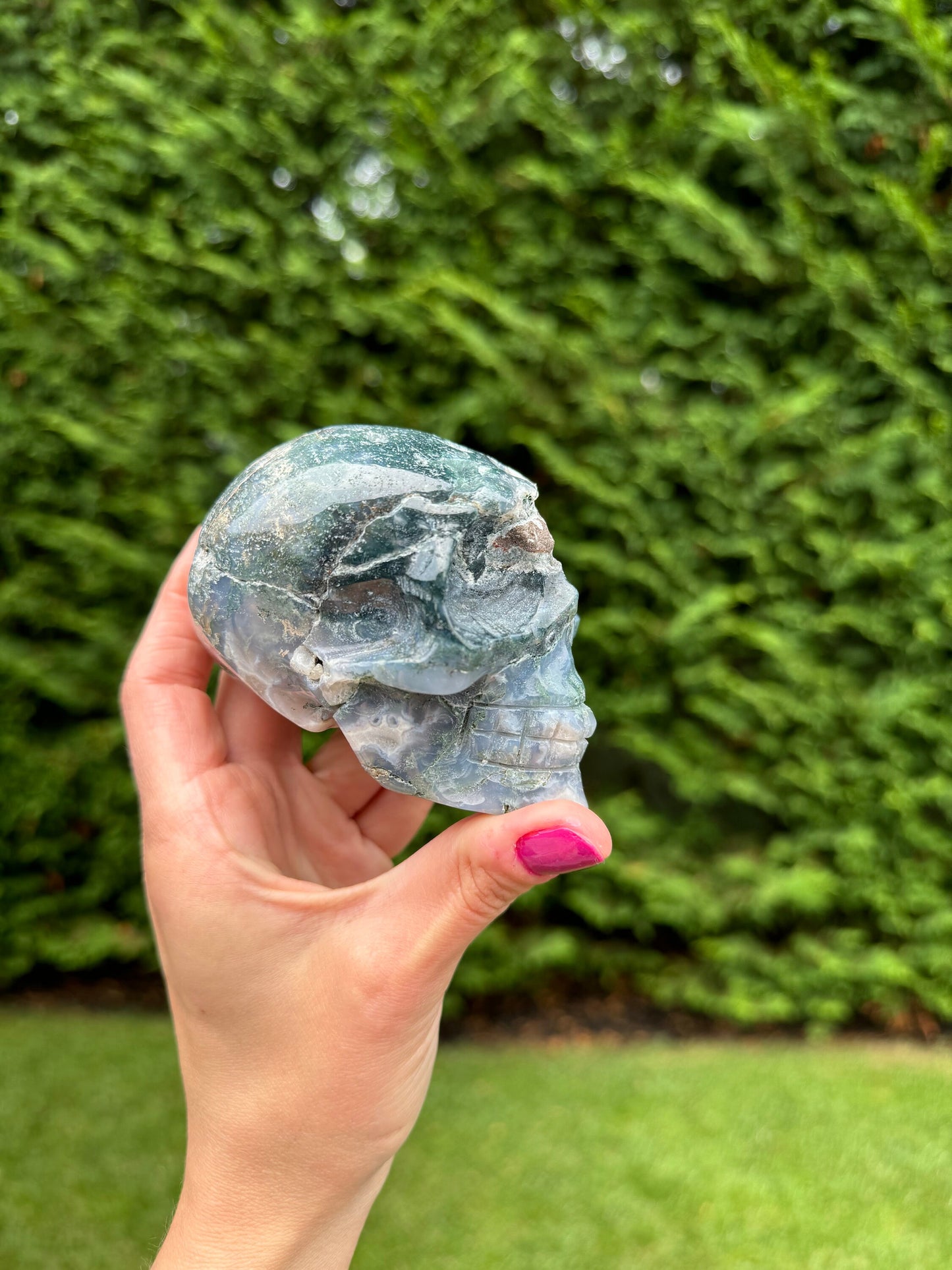 Druzy Moss Agate Skull Carving