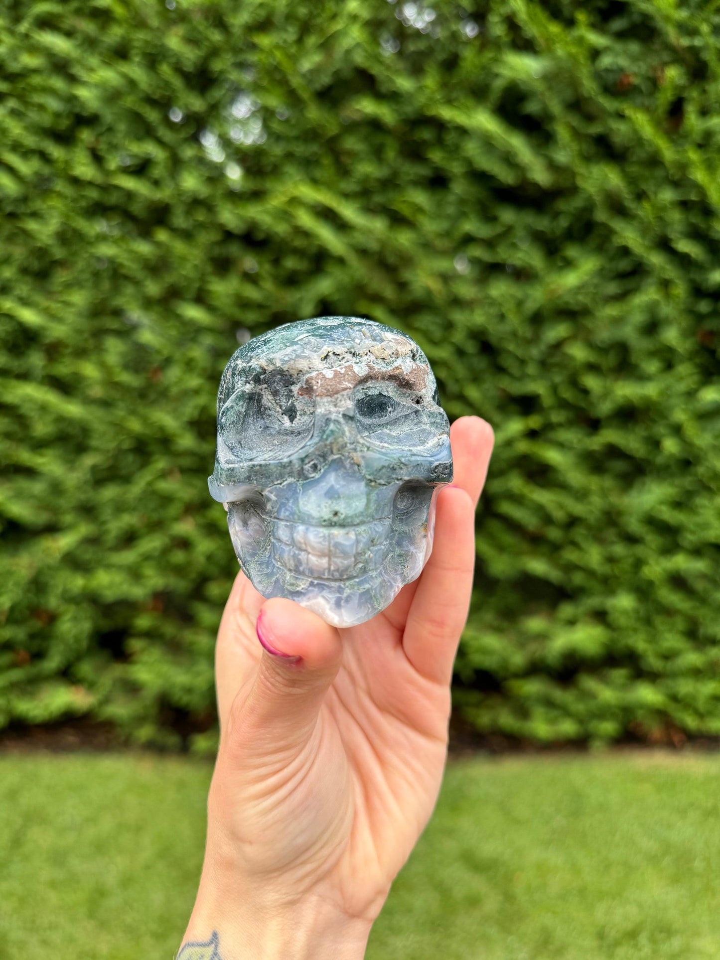 Druzy Moss Agate Skull Carving