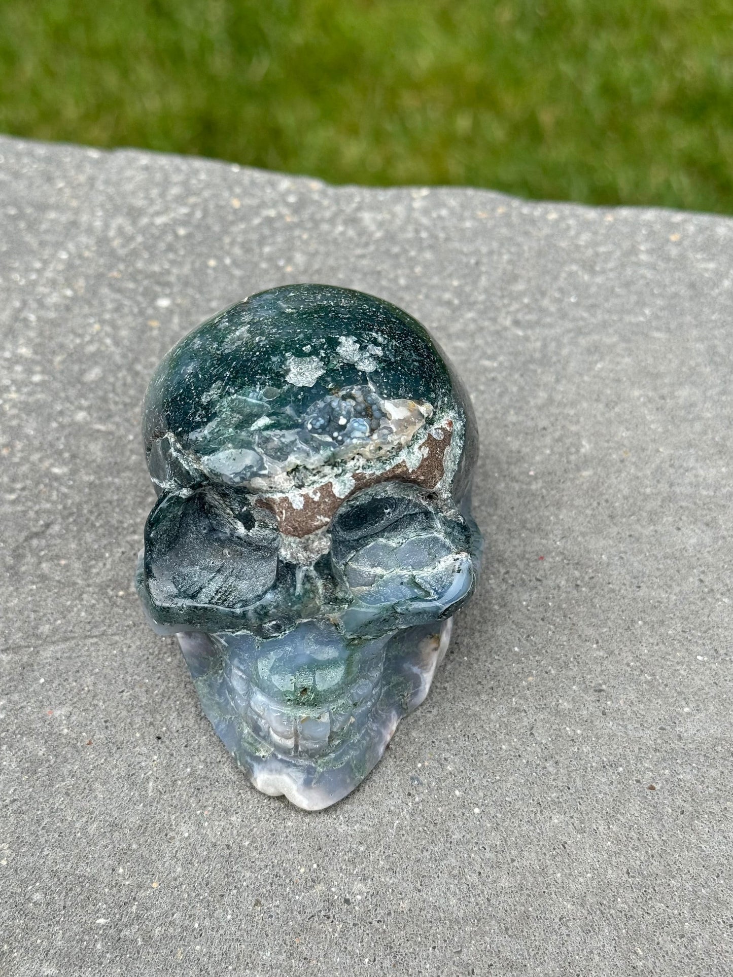 Druzy Moss Agate Skull Carving