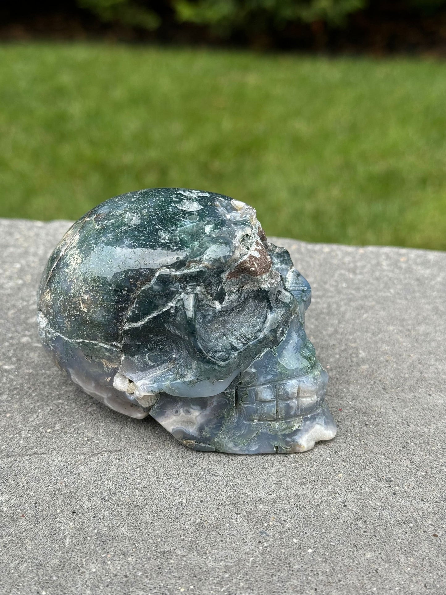 Druzy Moss Agate Skull Carving