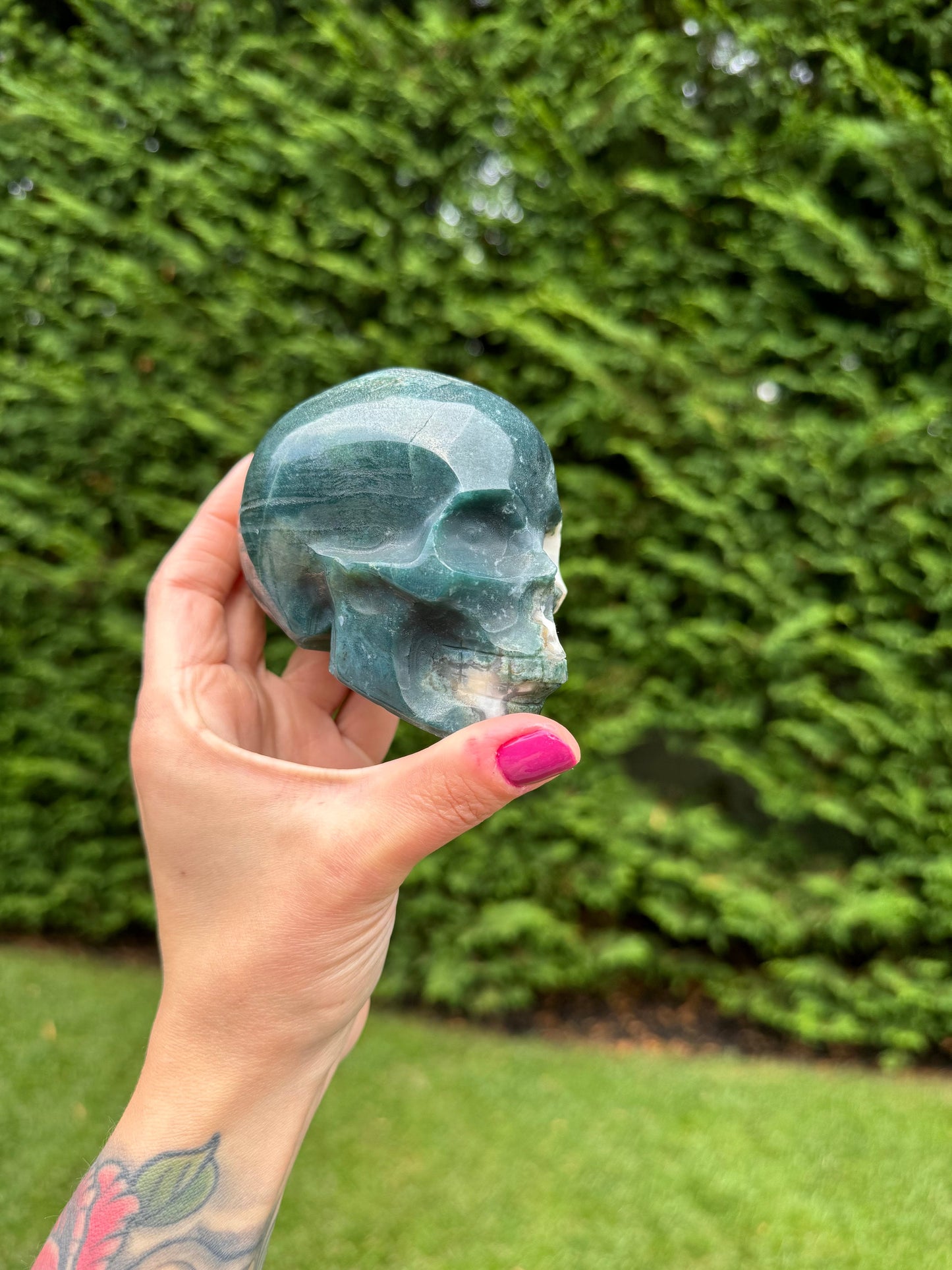 Druzy Moss Agate Skull Carving