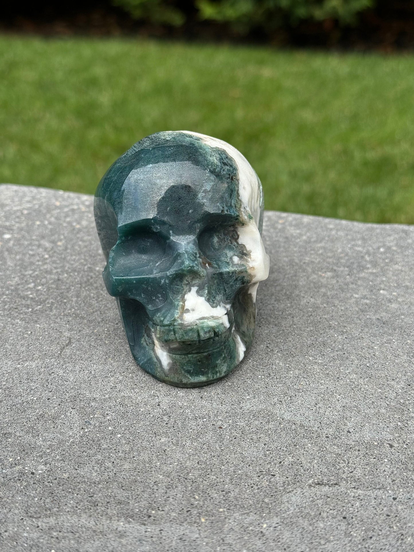Druzy Moss Agate Skull Carving