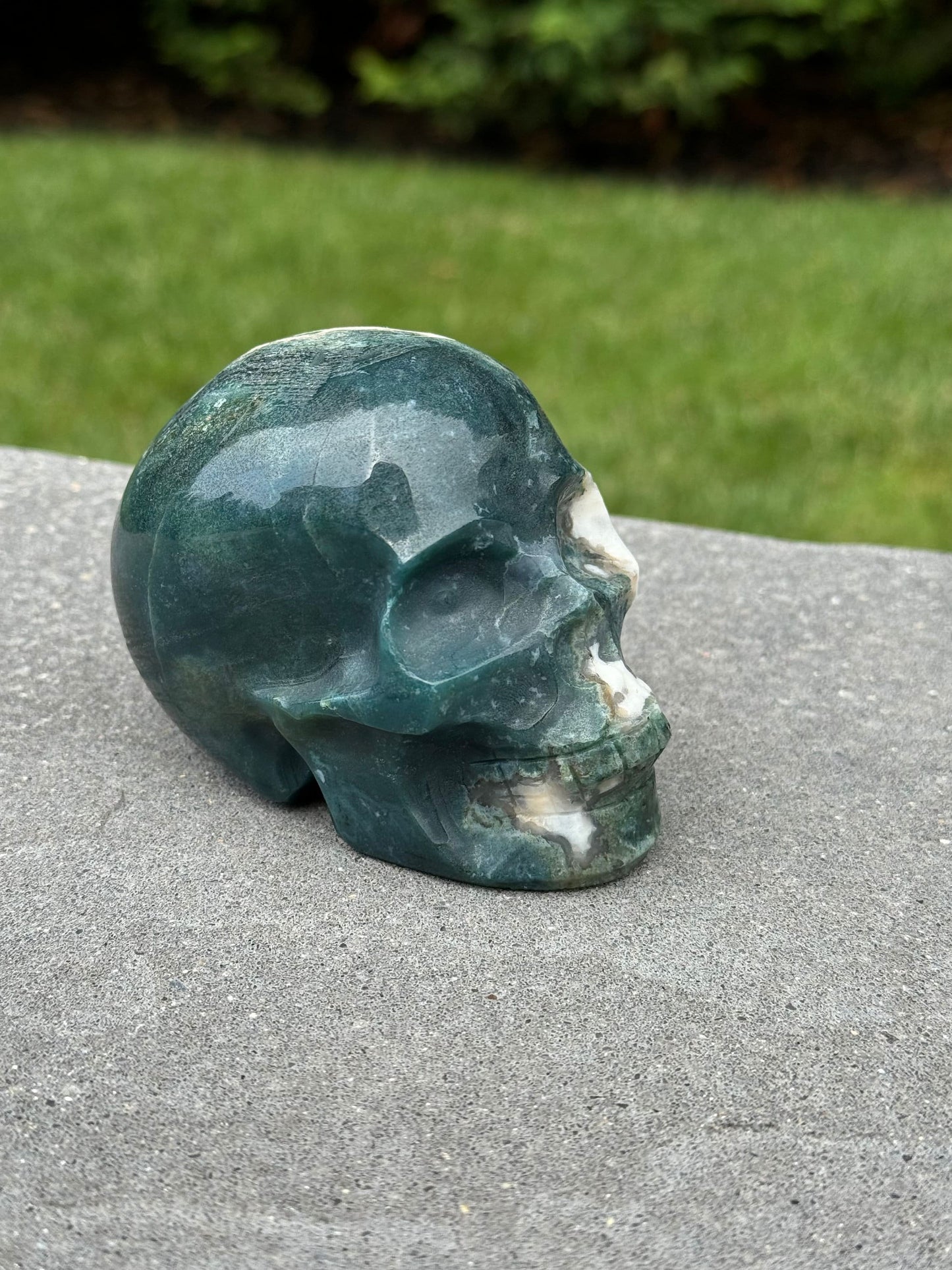 Druzy Moss Agate Skull Carving