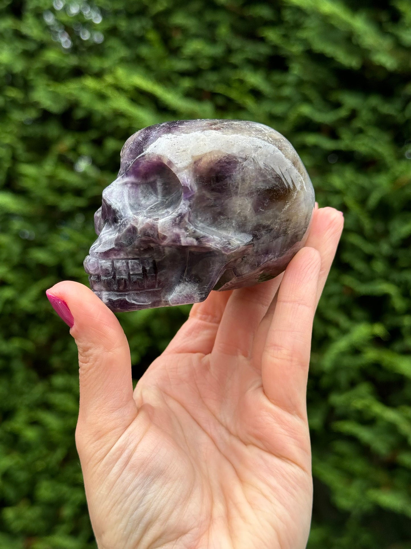 Chevron Amethyst & Smoky Quartz Skull Carving