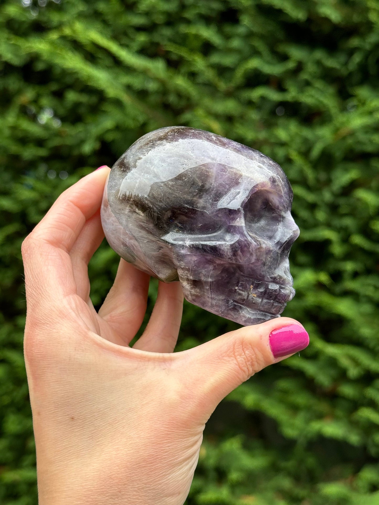 Chevron Amethyst & Smoky Quartz Skull Carving