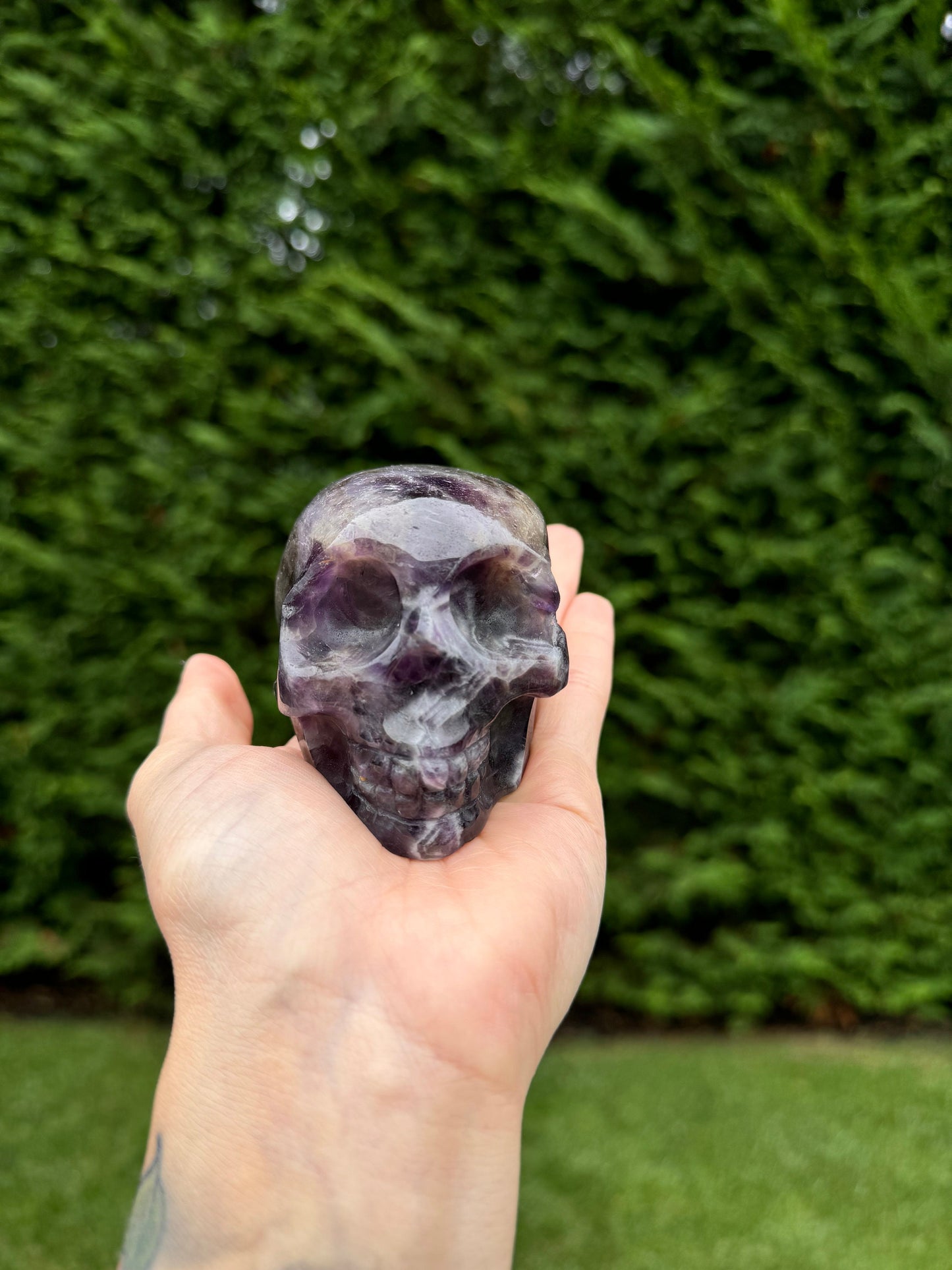 Chevron Amethyst & Smoky Quartz Skull Carving