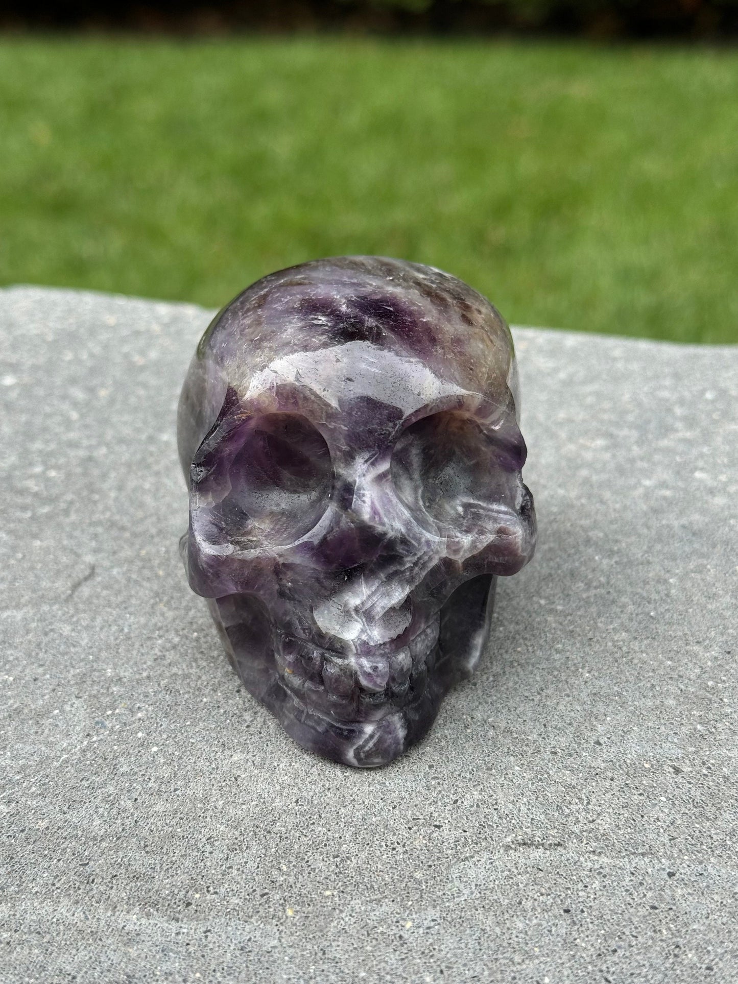 Chevron Amethyst & Smoky Quartz Skull Carving