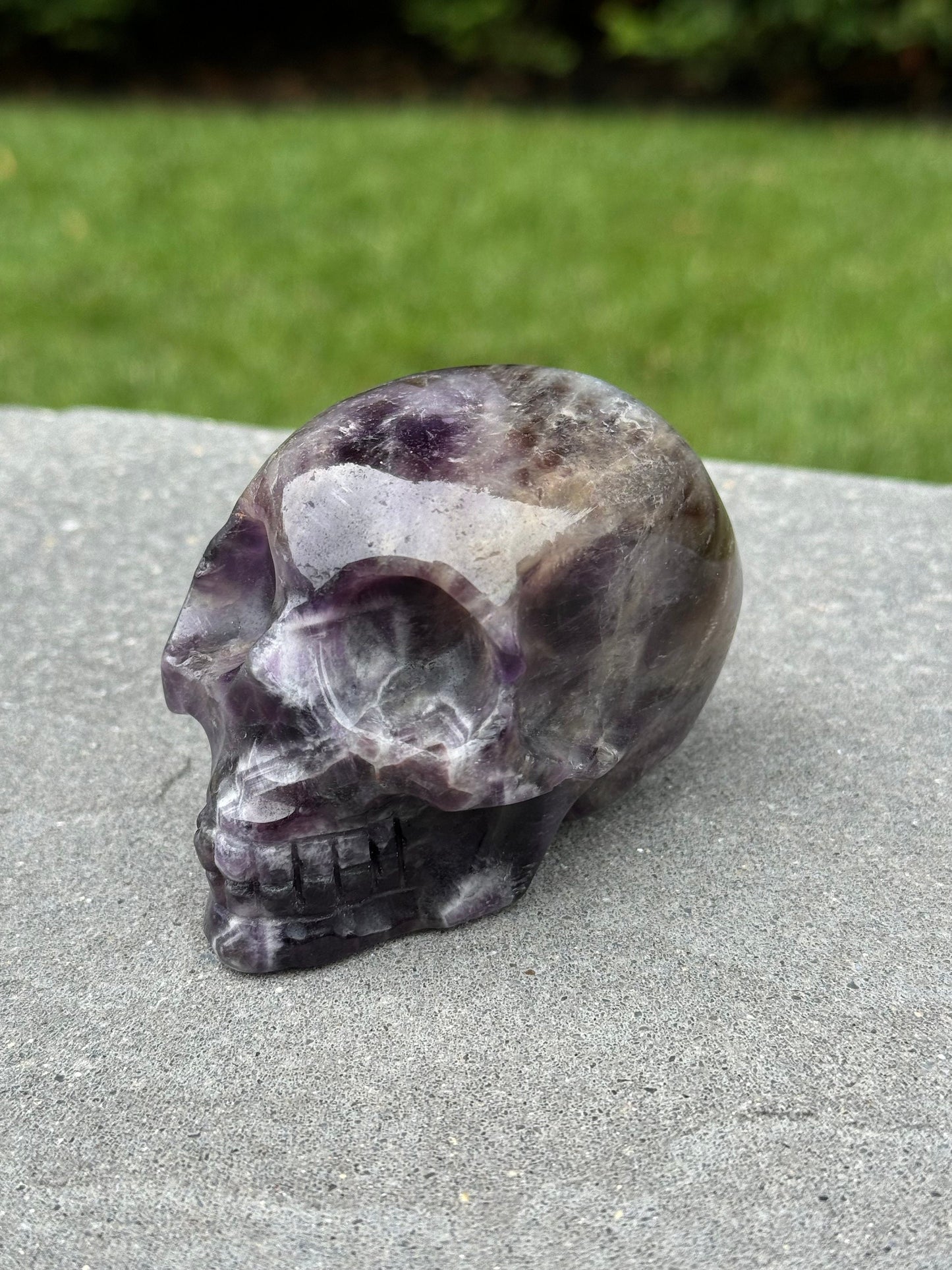 Chevron Amethyst & Smoky Quartz Skull Carving