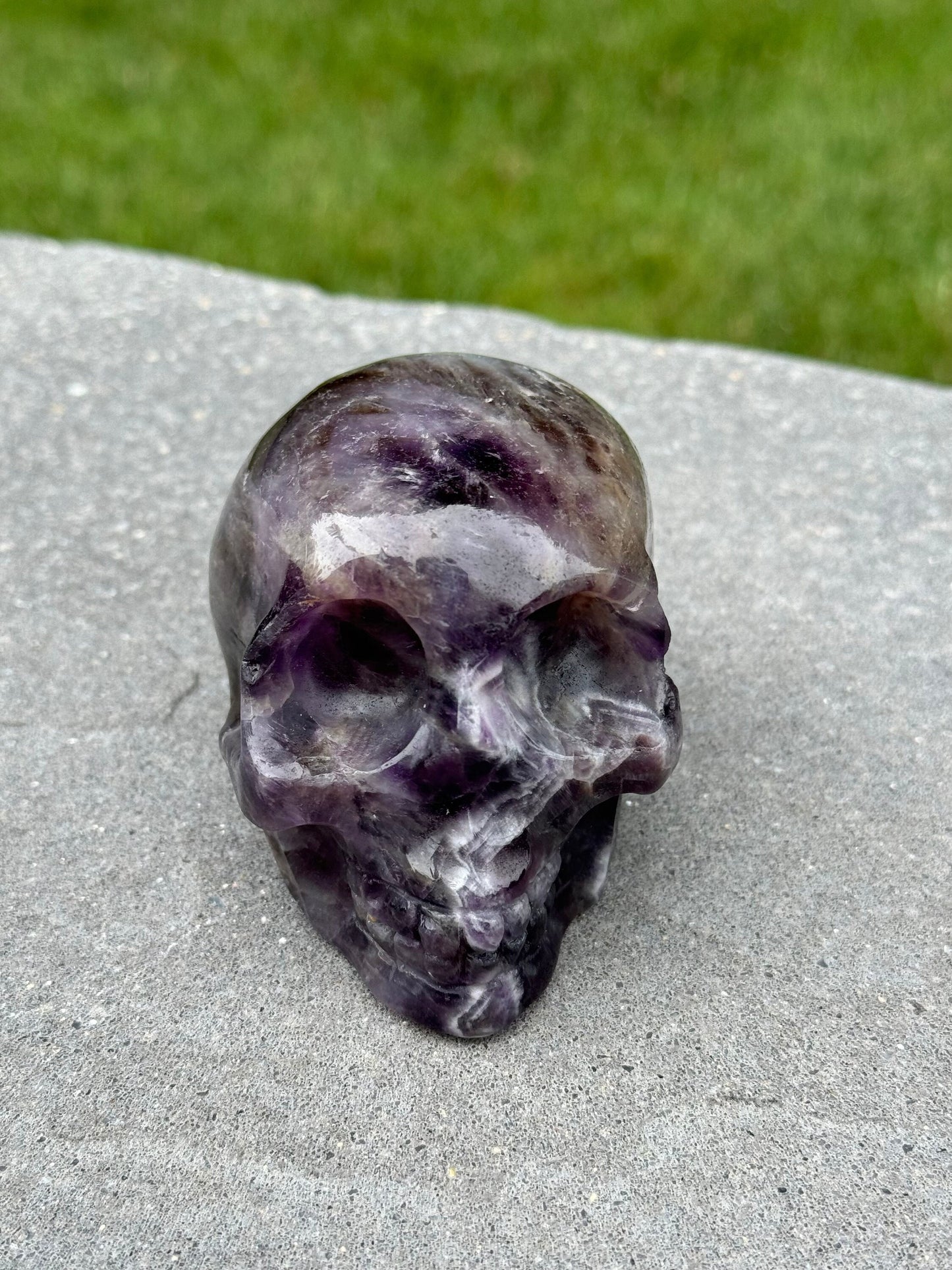 Chevron Amethyst & Smoky Quartz Skull Carving