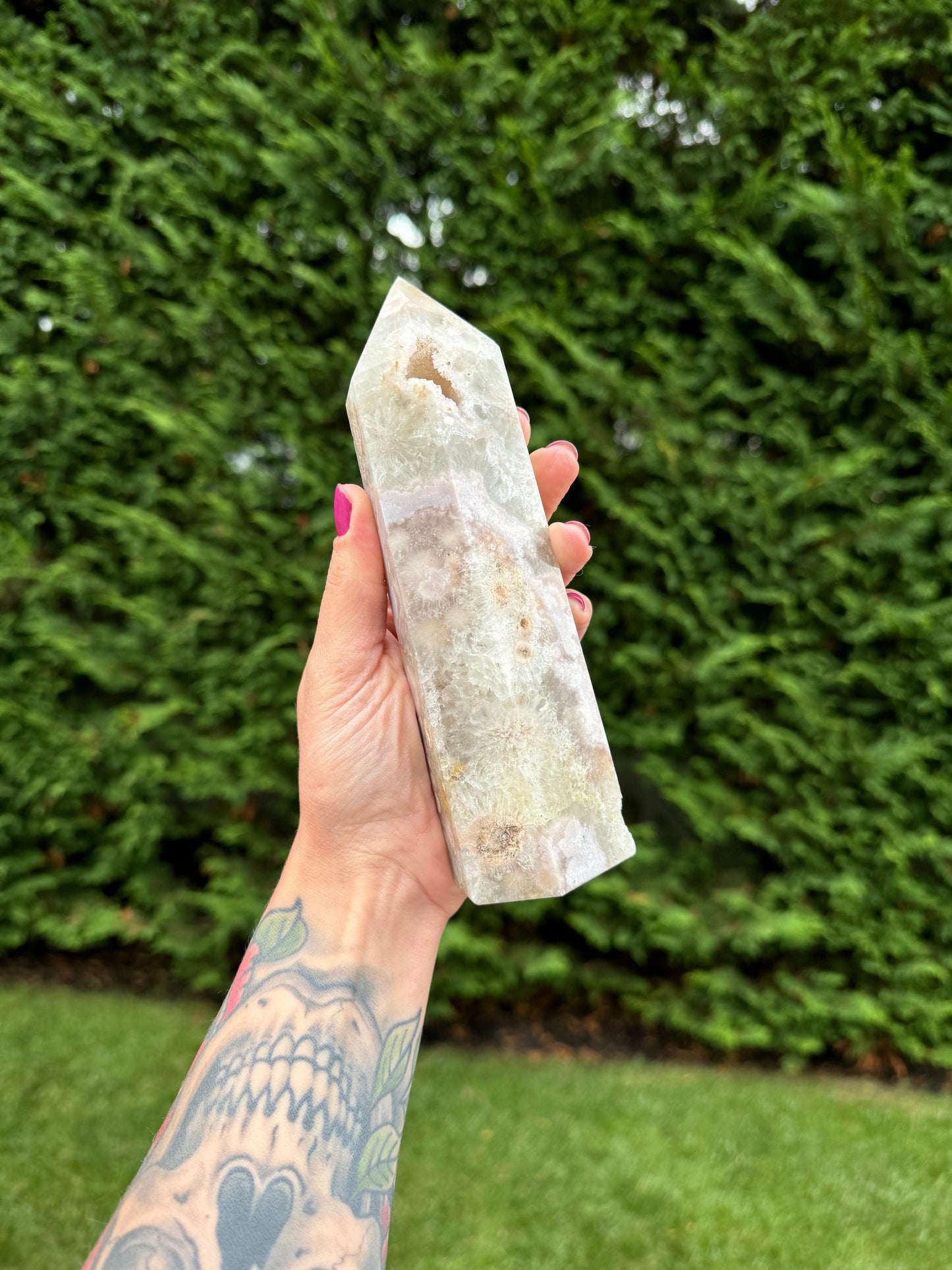High Quality Green Quartz & Flower Agate Druzy Tower