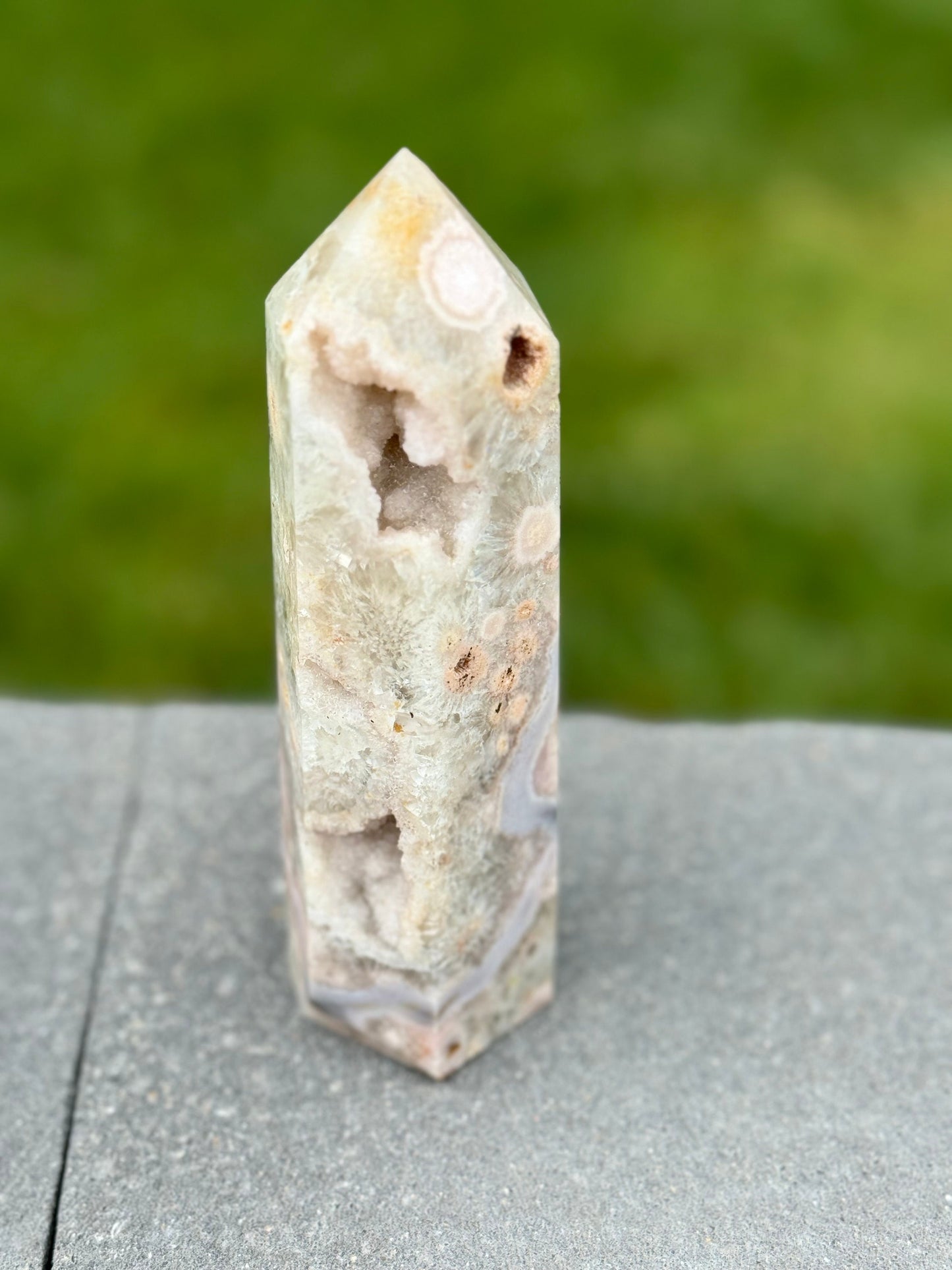 High Quality Green Quartz & Flower Agate Druzy Tower